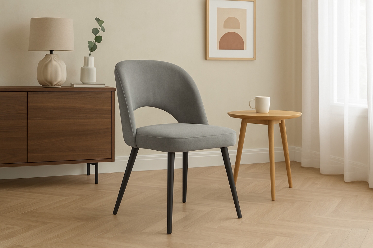Dřevěná židle Luvaro s čalouněným sedákem – šedý šenil Wind 90 / černé nožky židle dřevěná Luvaro s čalouněným sedákem - šedá šenil Wind 90 / Nohy černá