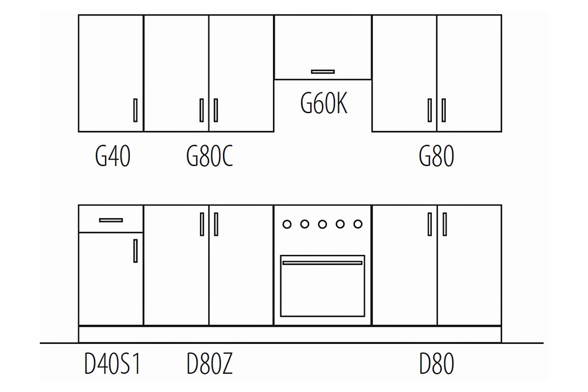 Kuchyňská sestava Aspen 260 cm – bílý lesk Kuchyně Aspen Bílý lesk