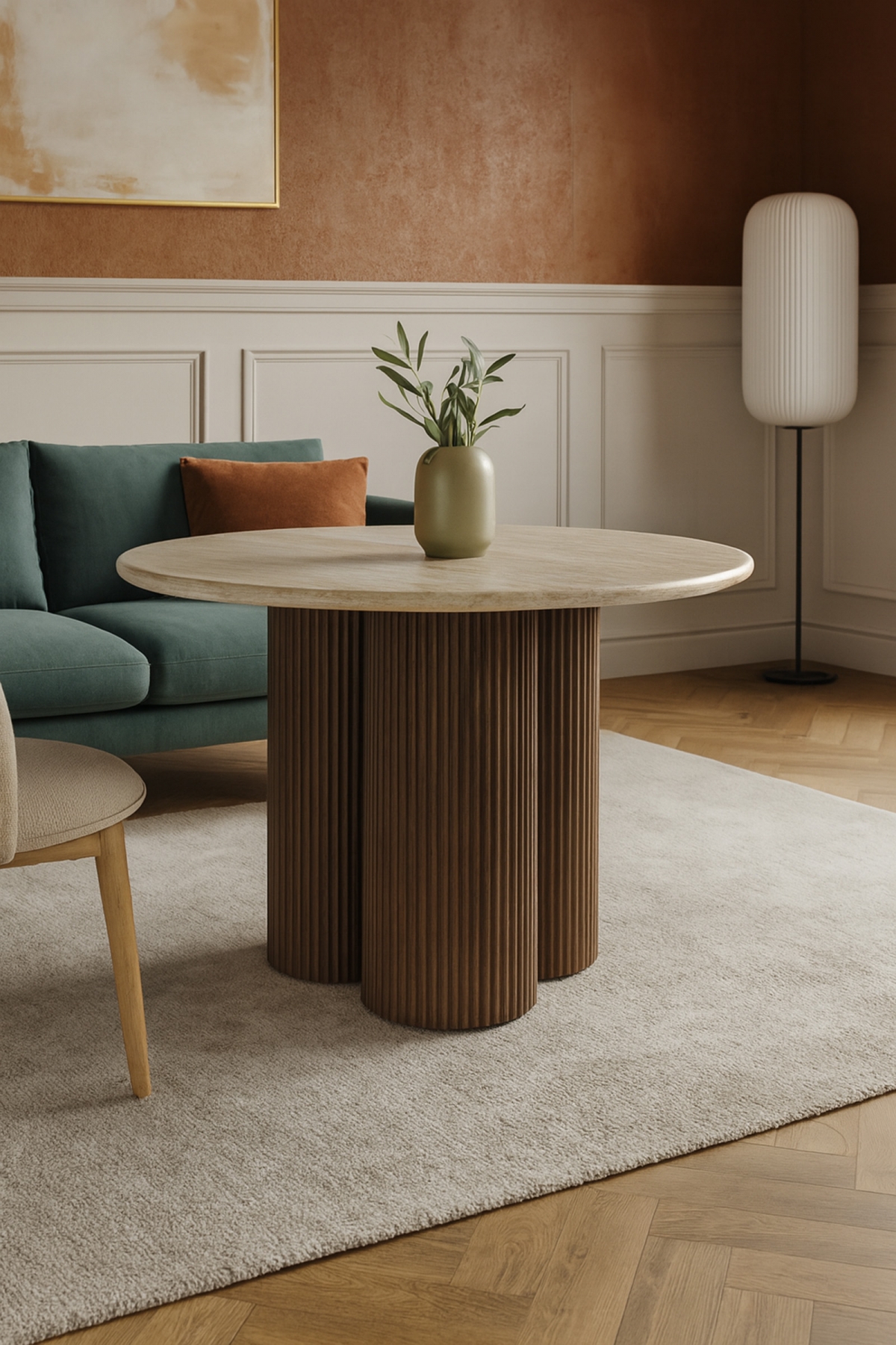 Konferenčný stolík Dorotea 80 cm - travertín / orechový dekor Konferenčný stolík okragla Dorotea 80 cm do obývacej izby - Travertín / orieškový