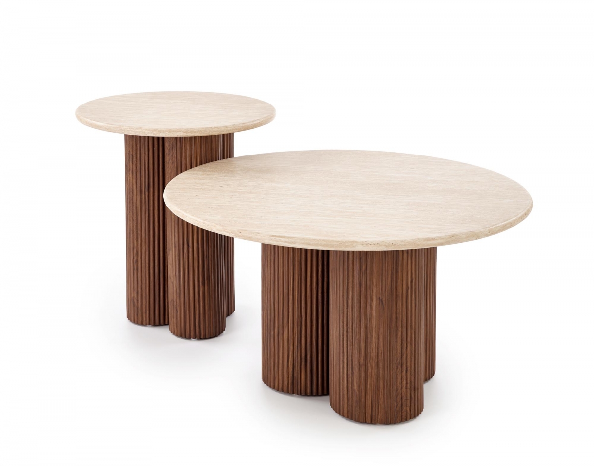 Konferenčný stolík Dorotea 80 cm - travertín / orechový dekor Konferenčný stolík okragla Dorotea 80 cm do obývacej izby - Travertín / orieškový