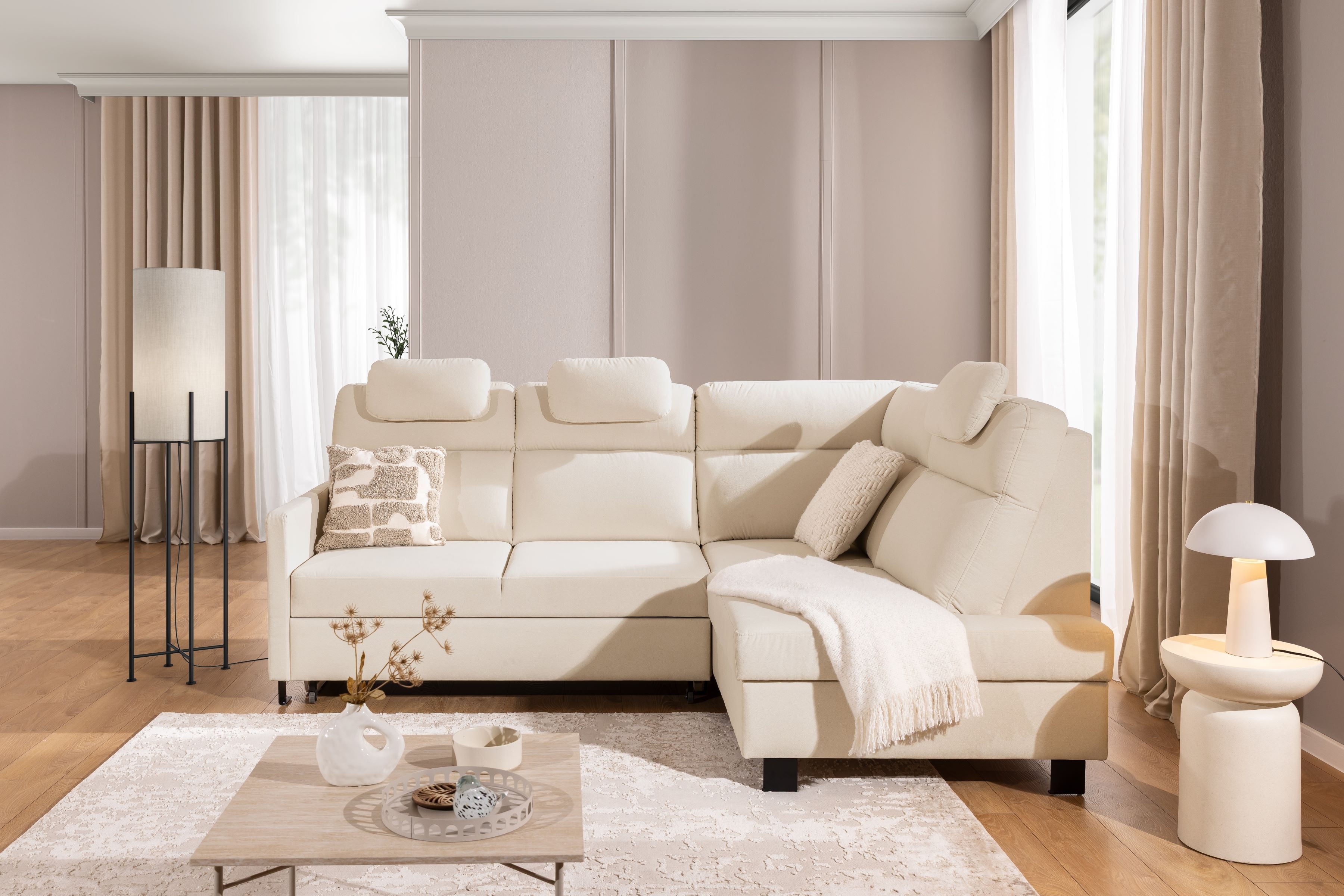 Rohová sedacia súprava Loario L pravá s úzkym bokom LOARIO BL-A+2SF+OT2P+N-A