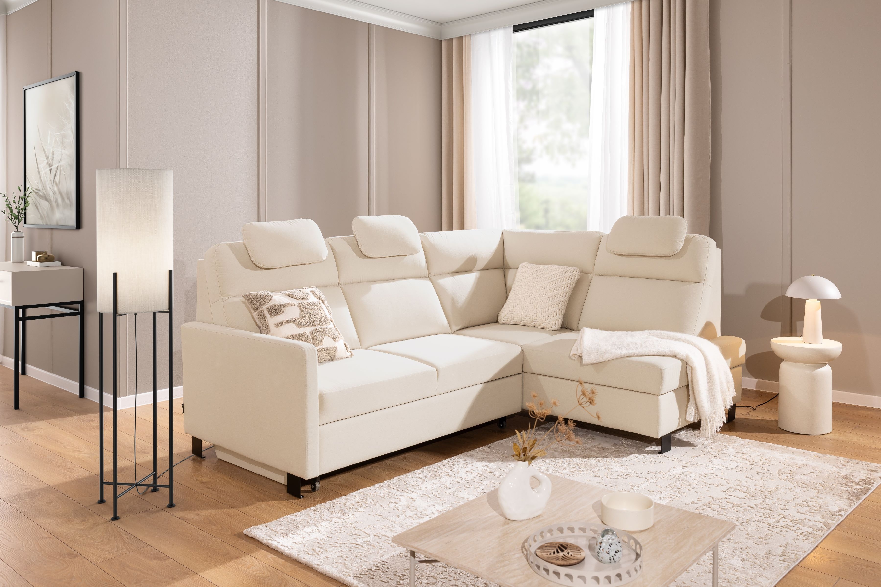 Rohová sedacia súprava Loario L pravá s úzkym bokom LOARIO BL-A+2SF+OT2P+N-A