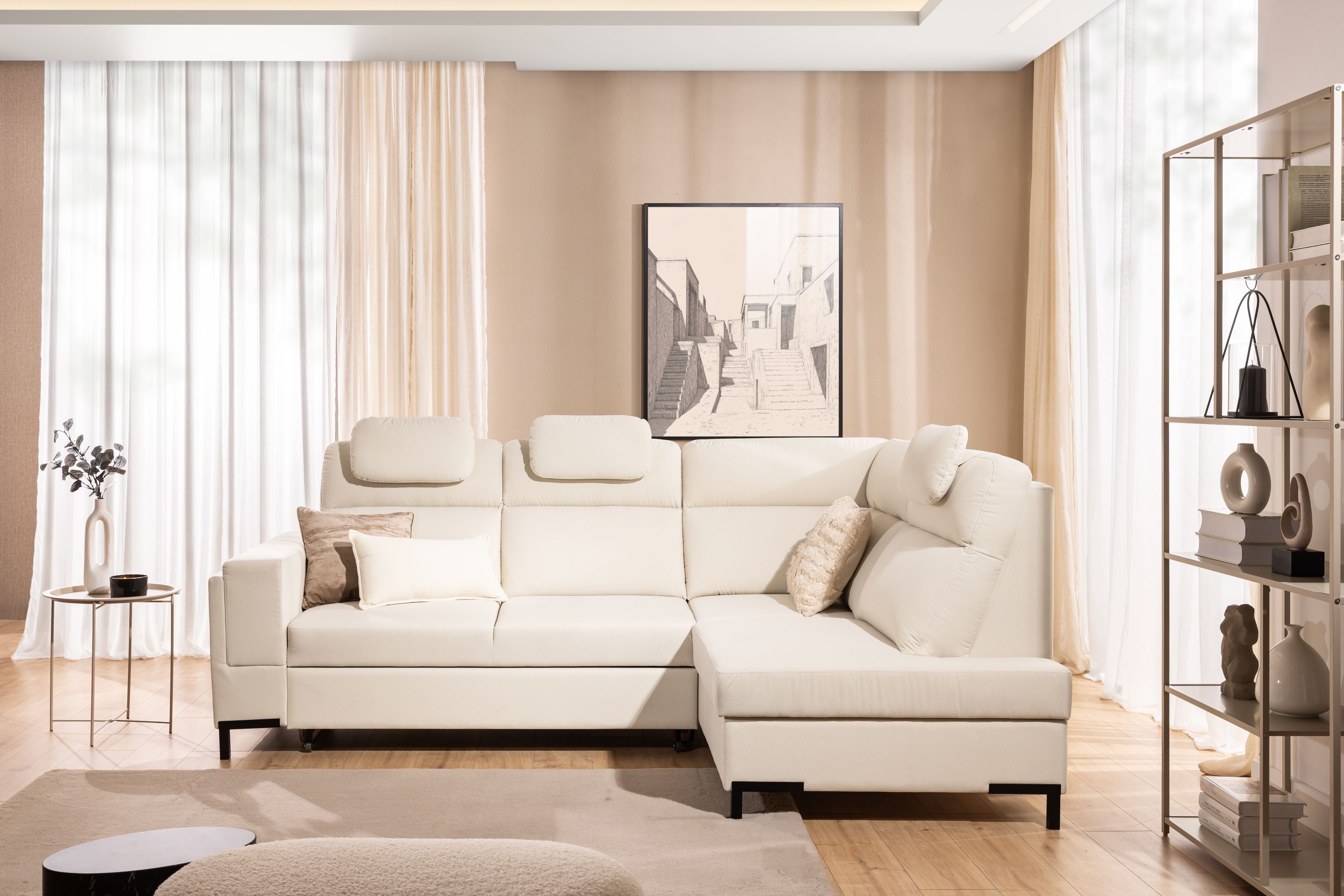 Rohová sedacia súprava Loario L pravá so širokým, vyrezaným bokom LOARIO BL-B+2SF+OT2P+N-B