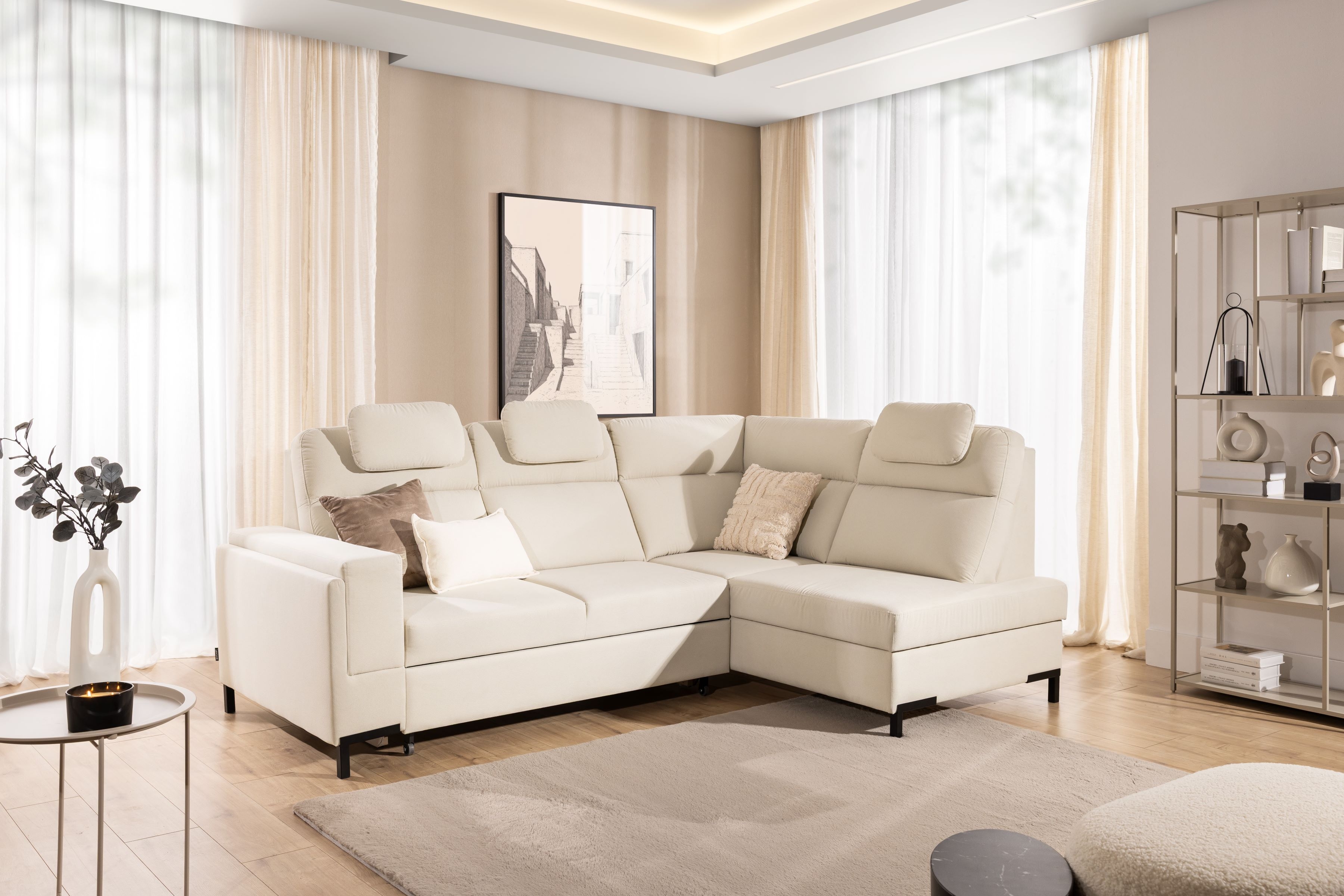 Rohová sedacia súprava Loario L pravá so širokým, vyrezaným bokom LOARIO BL-B+2SF+OT2P+N-B