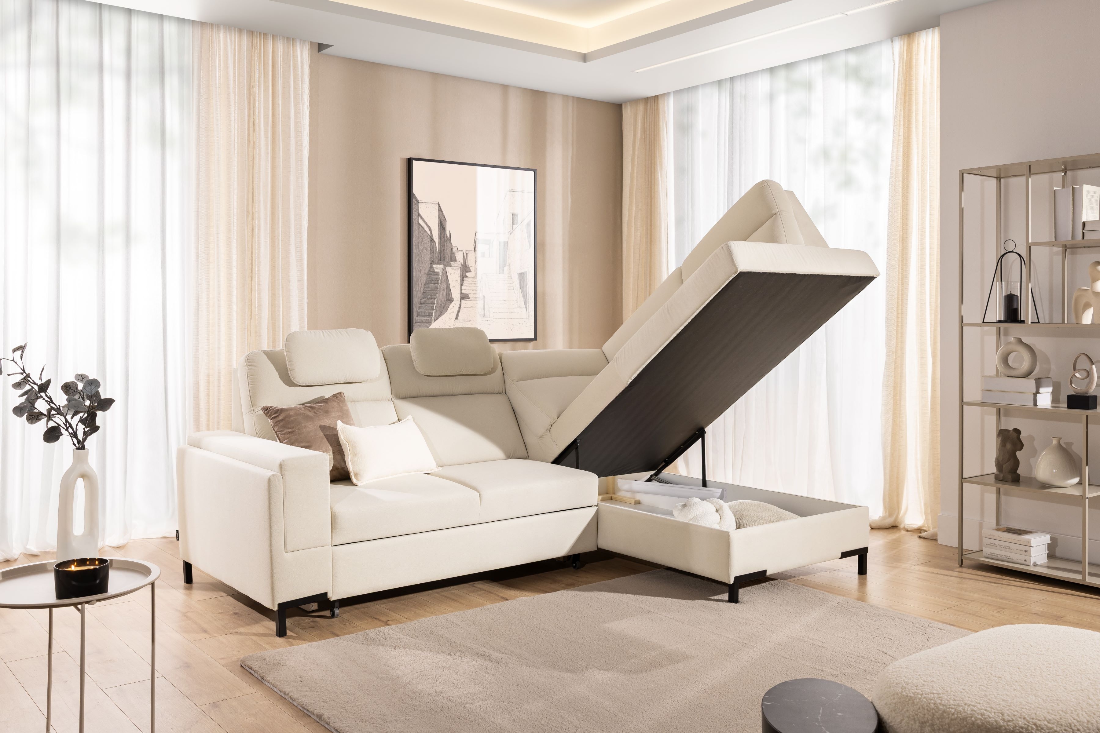 Rohová sedacia súprava Loario L pravá so širokým, vyrezaným bokom LOARIO BL-B+2SF+OT2P+N-B