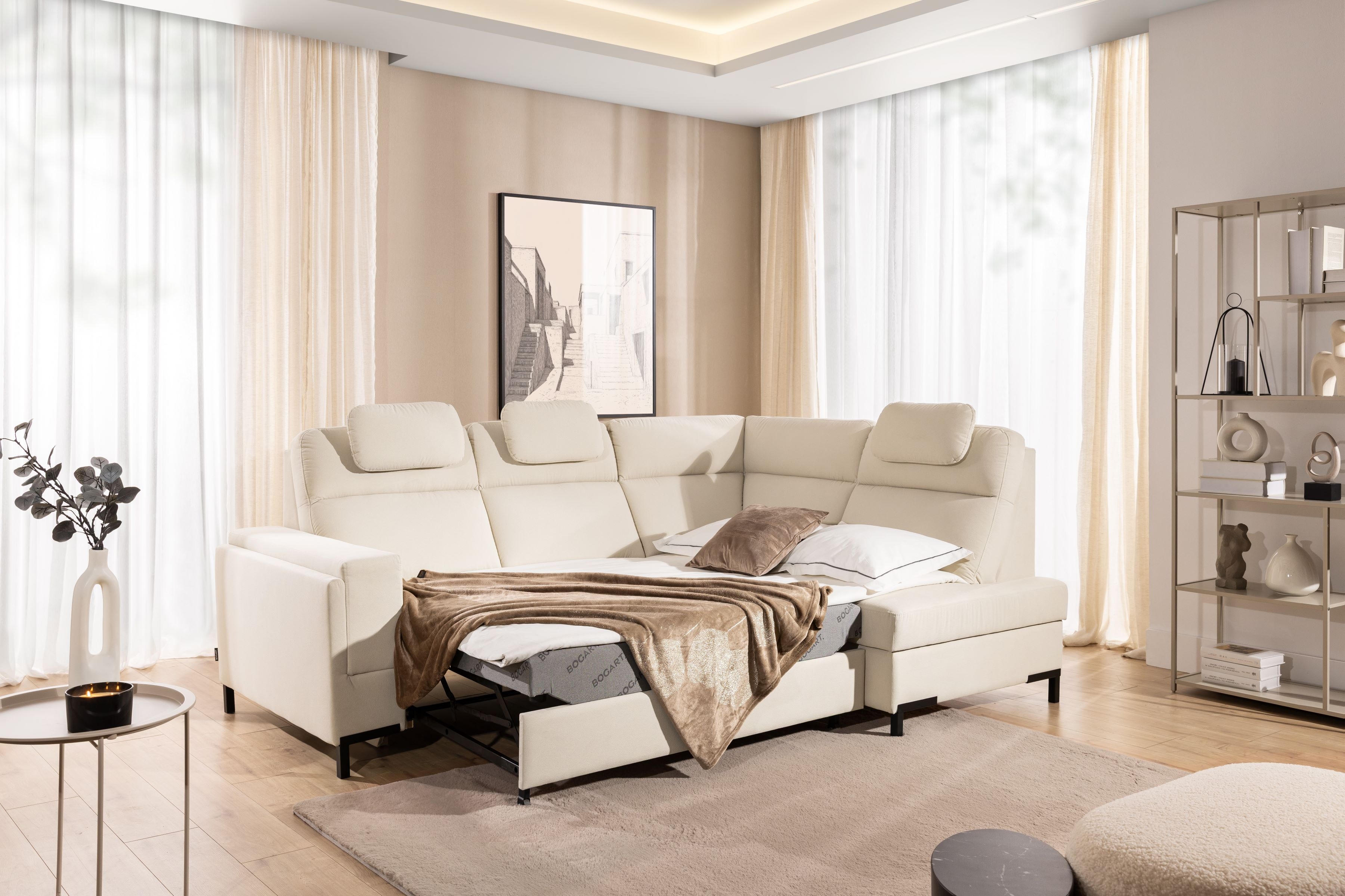 Rohová sedacia súprava Loario L pravá so širokým, vyrezaným bokom LOARIO BL-B+2SF+OT2P+N-B