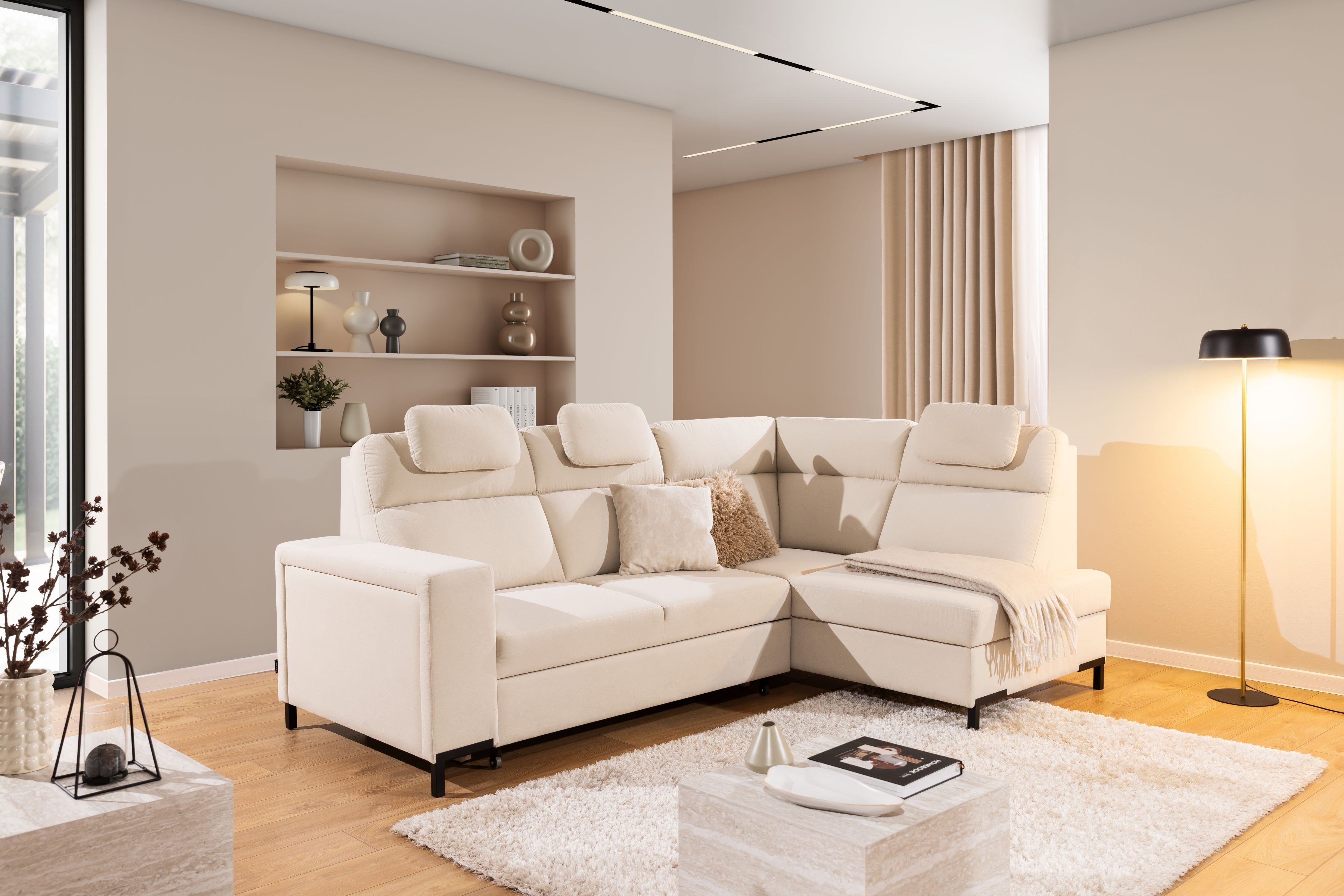 Rohová sedacia súprava Loario L pravá so širokým bokom LOARIO BL-C+2SF+OT2P+N-B