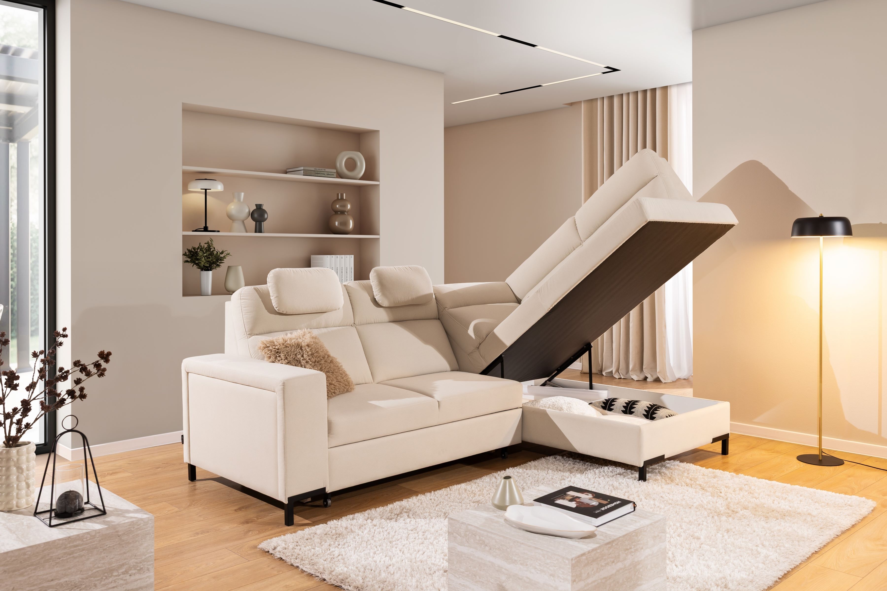 Rohová sedacia súprava Loario L pravá so širokým bokom LOARIO BL-C+2SF+OT2P+N-B