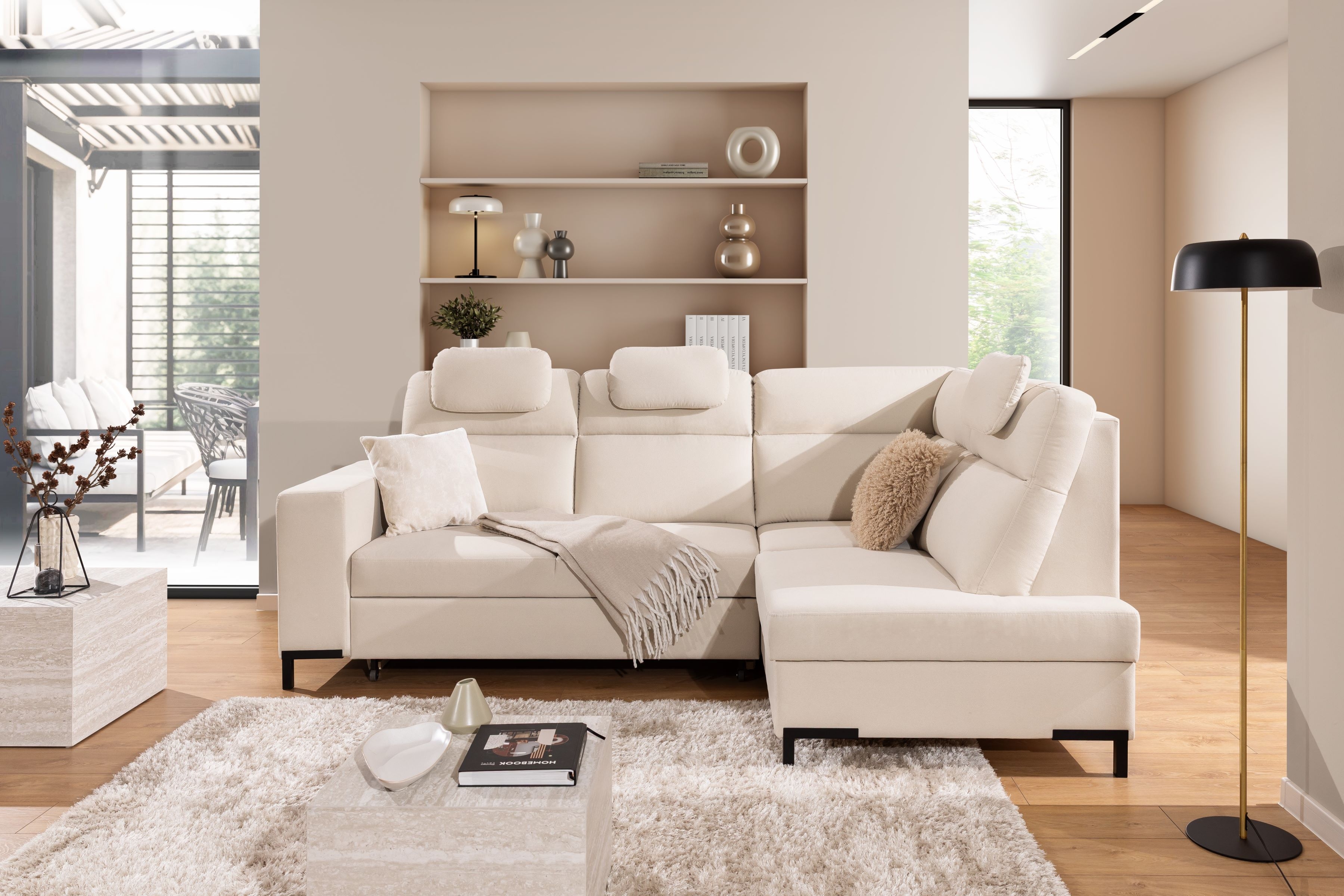 Rohová sedacia súprava Loario L pravá so širokým bokom LOARIO BL-C+2SF+OT2P+N-B