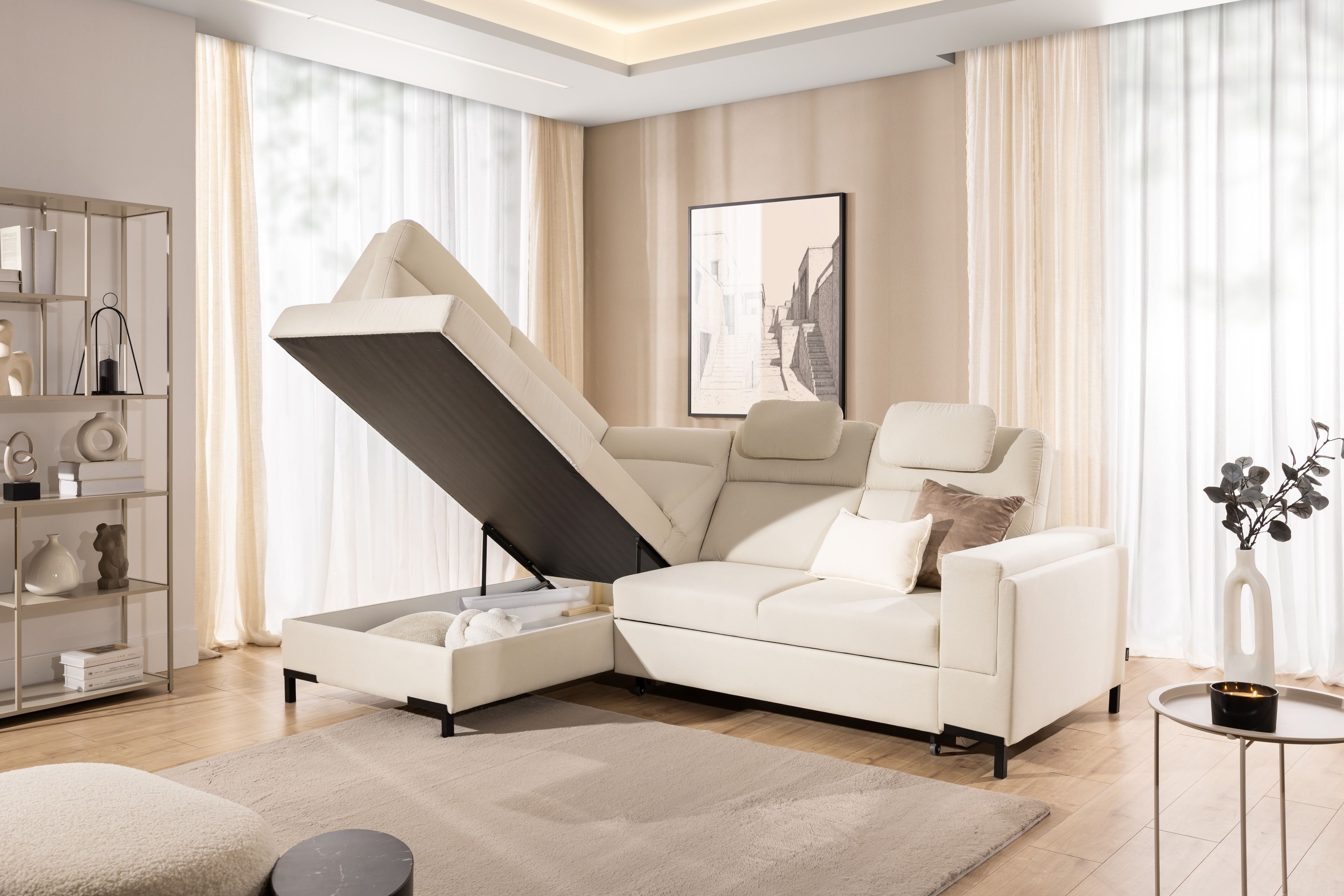 Rohová pohovka Loario L levá se širokými proříznutými boky LOARIO BP-B+2SF+OT2L+N-B