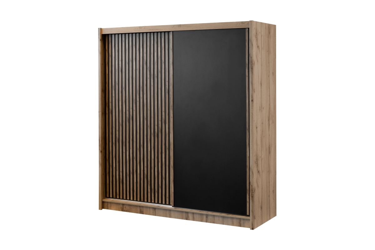 Šatní skříň London 203 cm s posuvnými dveřmi z lamel - dub wotan / černá Skříň s posuvnými dveřmi z lamelami London 203 cm - Dub wotan / Černý 