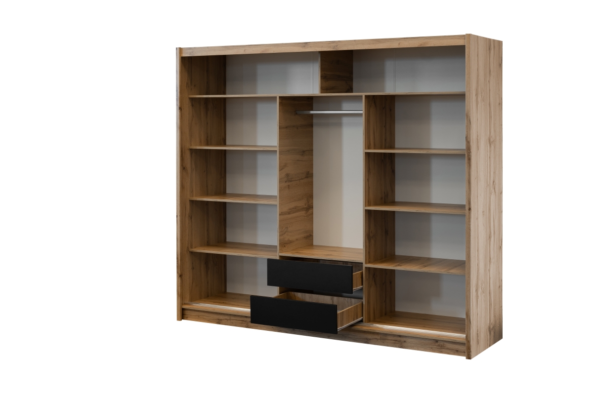 Skriňa s posuvnými dverami s lamelami London 250 cm - Dub wotan / Čierny Skriňa s posuvnými dverami z lamelami London 250 cm - Dub wotan / Čierny - vnútro 