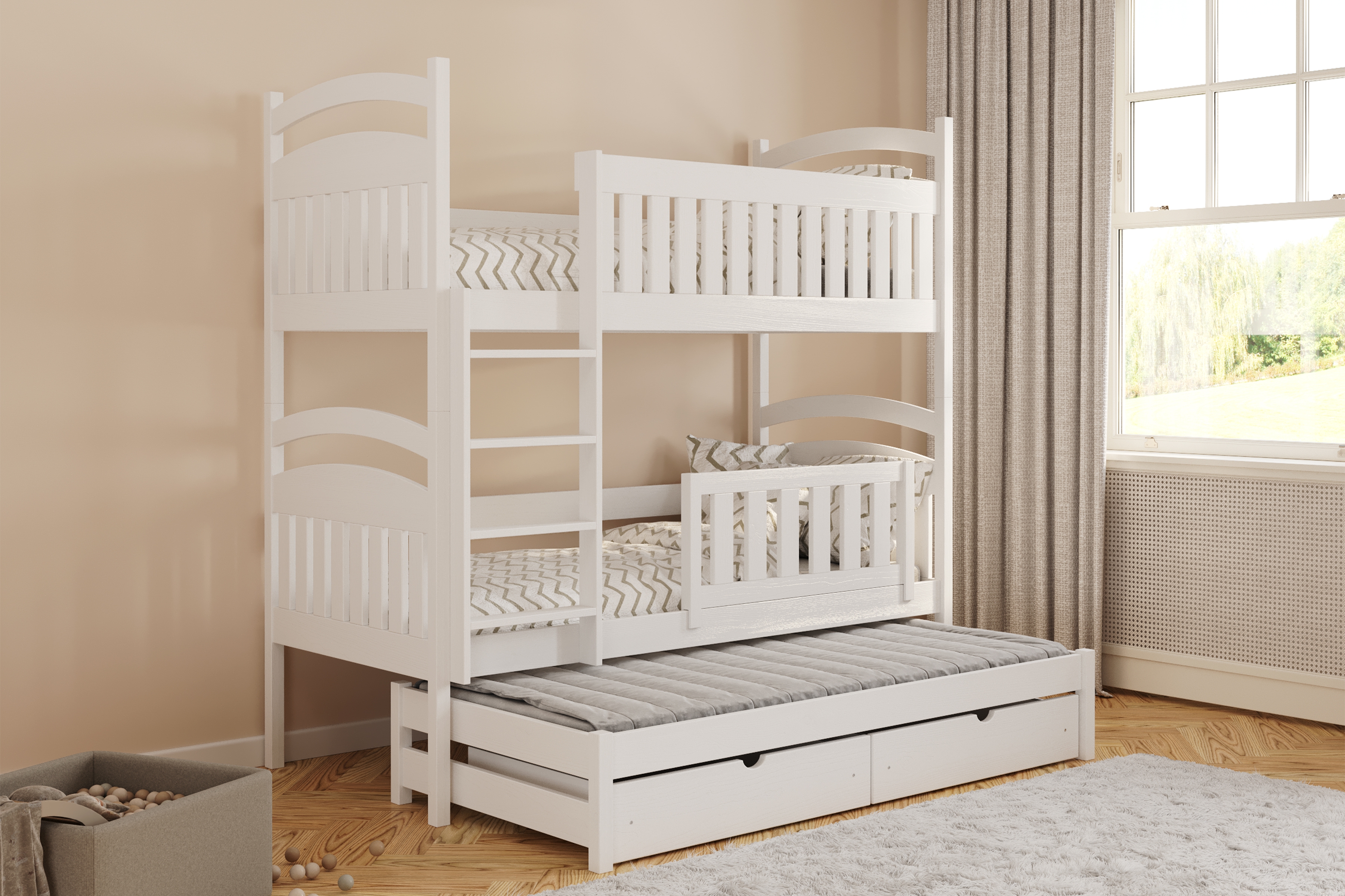 Poschodová posteľ Amely s prístelkou a tabuľou stierateľnou za sucha - 80x160 cm - biela Posteľ Amely 80x160 poschodová výsuvna - Biely