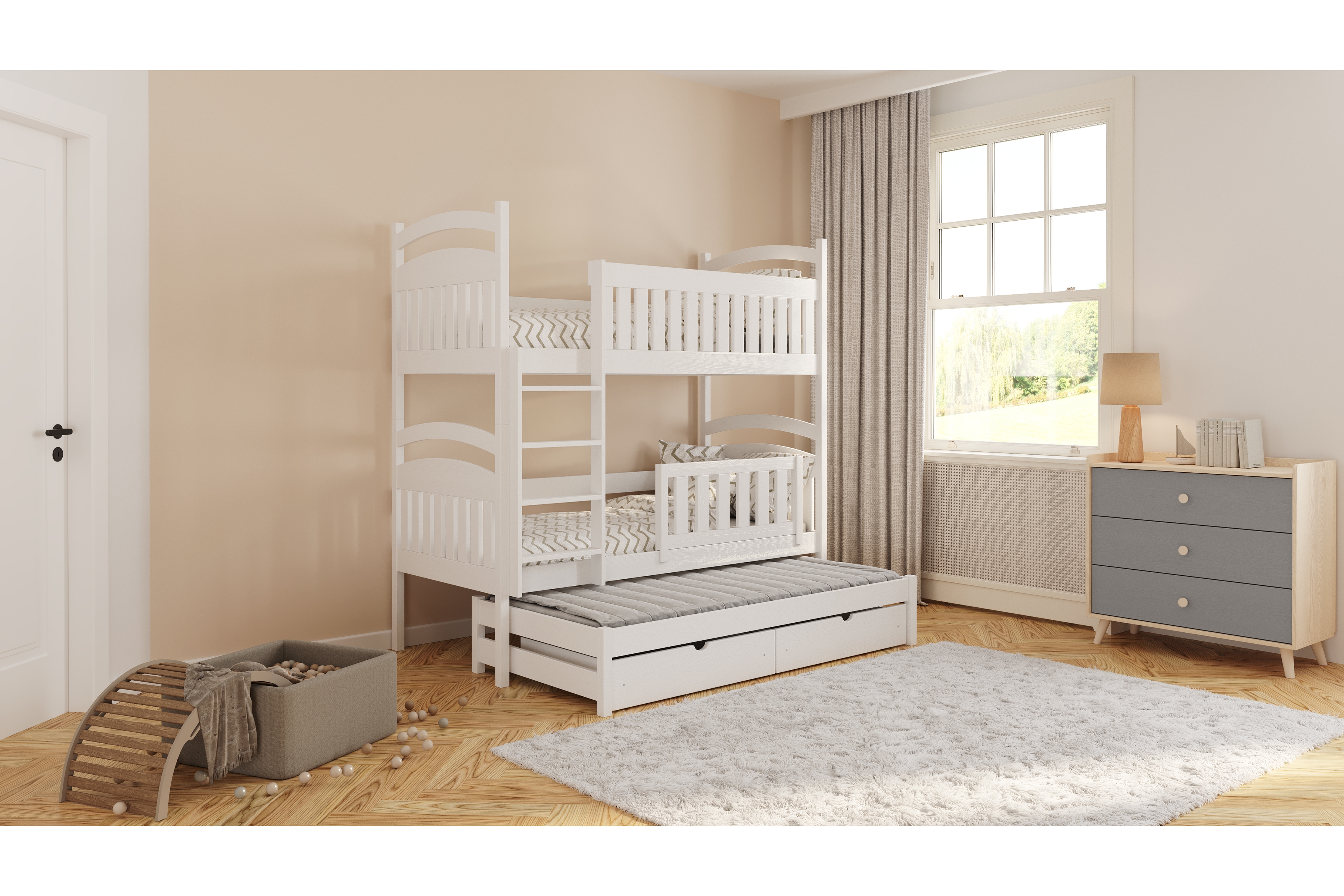 Poschodová posteľ Amely s prístelkou a tabuľou stierateľnou za sucha - 80x160 cm - biela Posteľ Amely 80x160 poschodová výsuvna - Biely