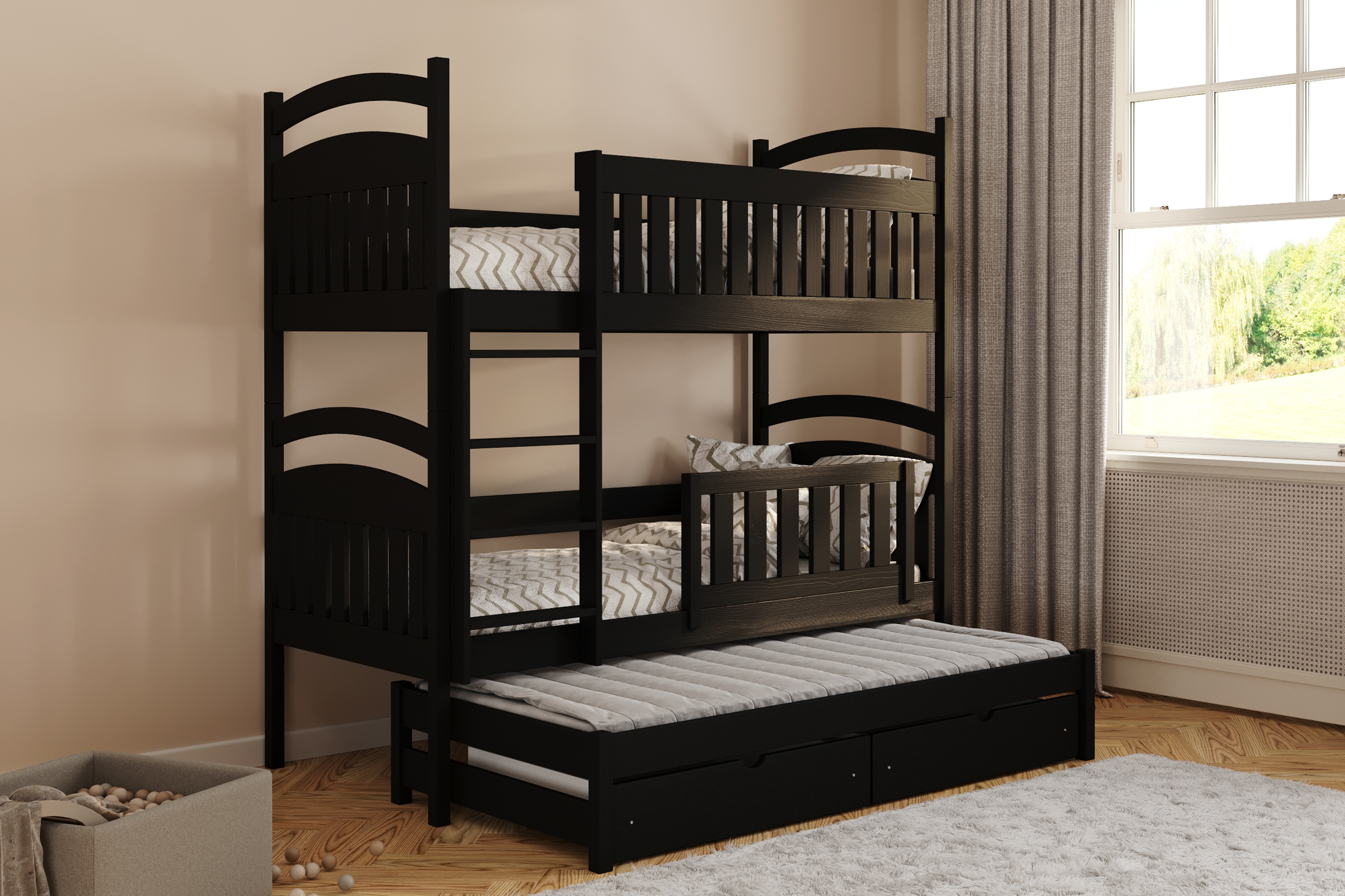 Poschodová posteľ Amely s prístelkou a tabuľou stierateľnou za sucha - 80x180 cm - čierna Posteľ Amely 80x180 poschodová výsuvna - Čierny