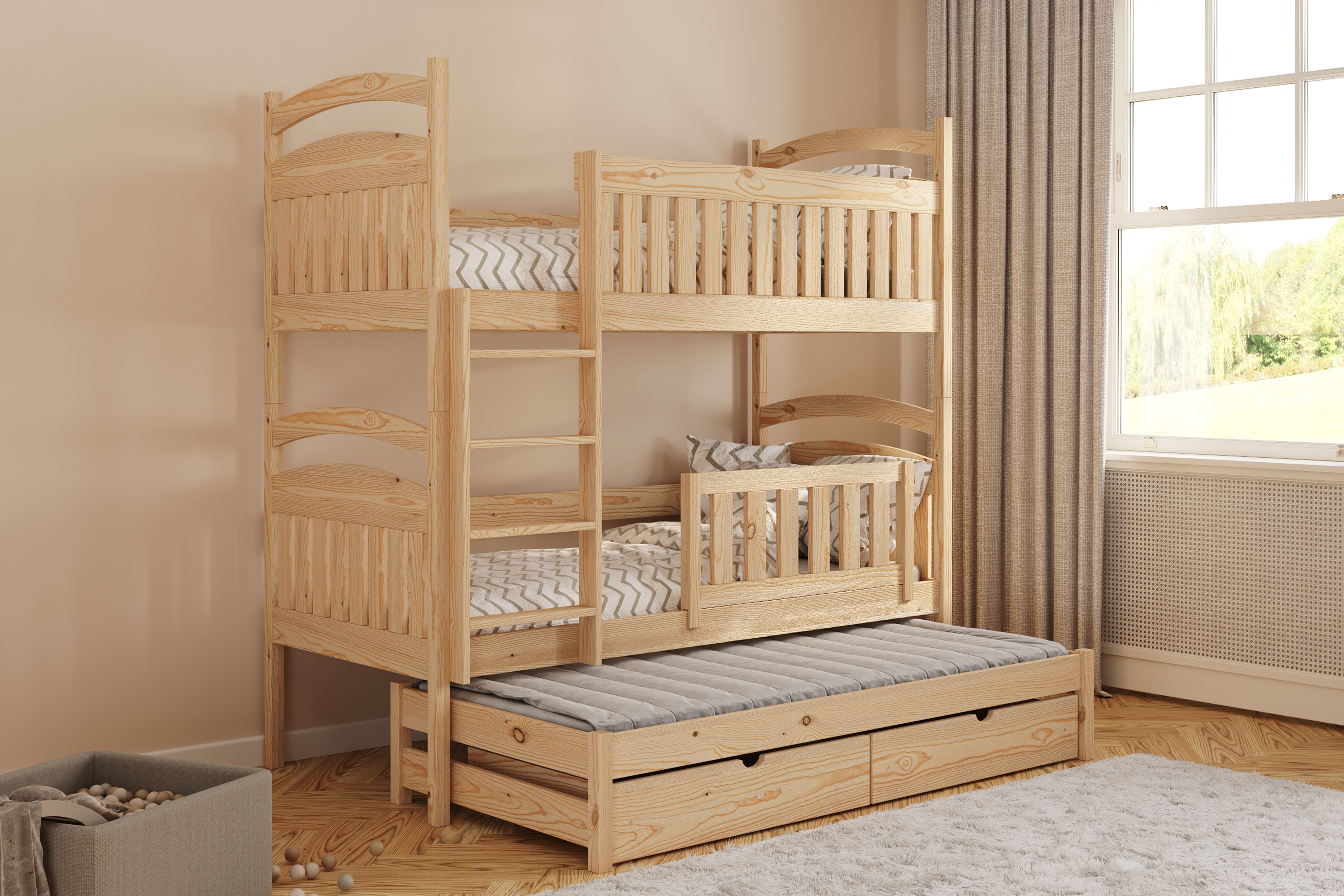 Posteľ detská poschodová výsuvna 3 os. Amely - Farba Borovica, rozmer 80x180 Posteľ Amely 80x180 poschodová výsuvna - Borovica