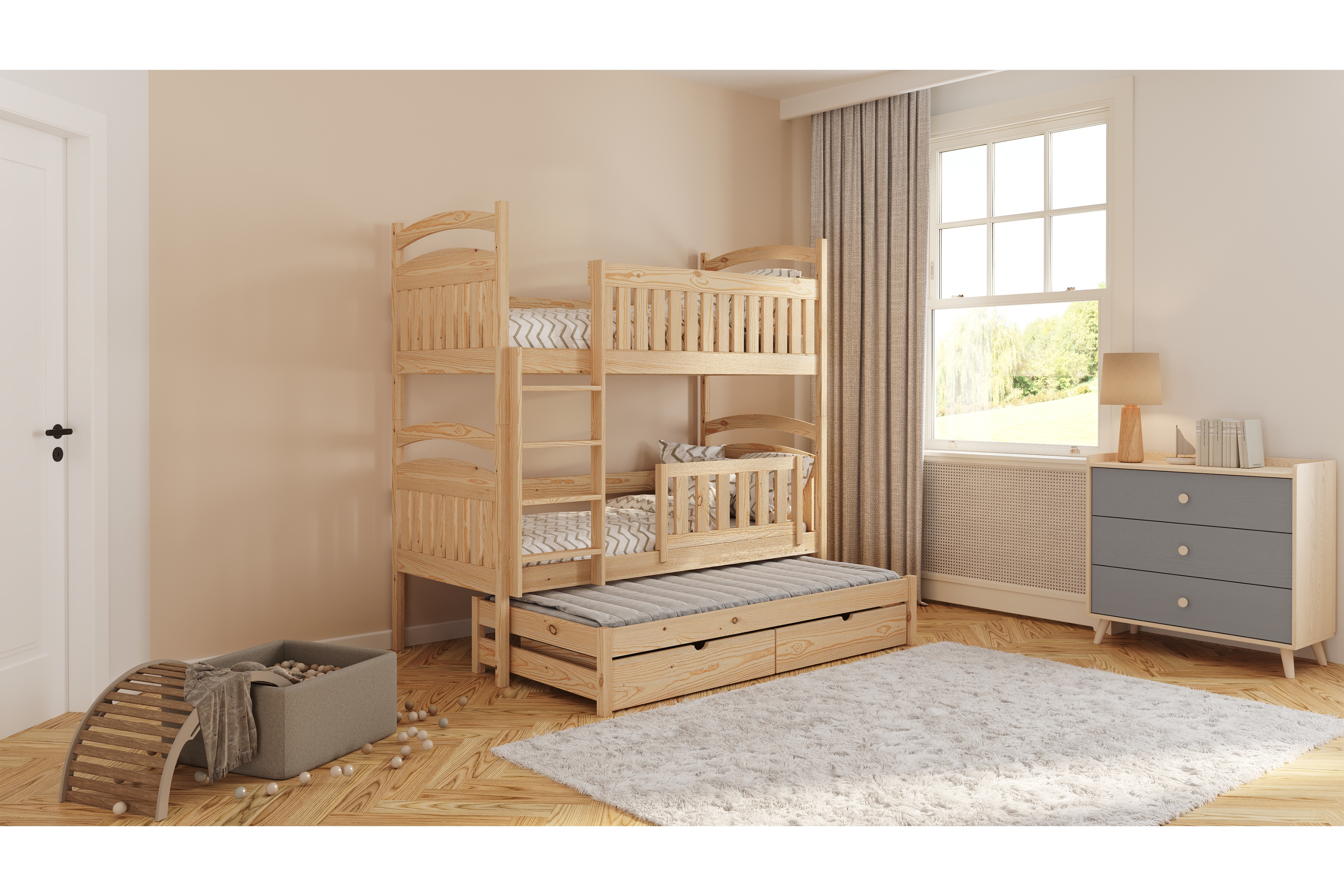 Posteľ detská poschodová výsuvna 3 os. Amely - Farba Borovica, rozmer 80x180 Posteľ Amely 80x180 poschodová výsuvna - Borovica