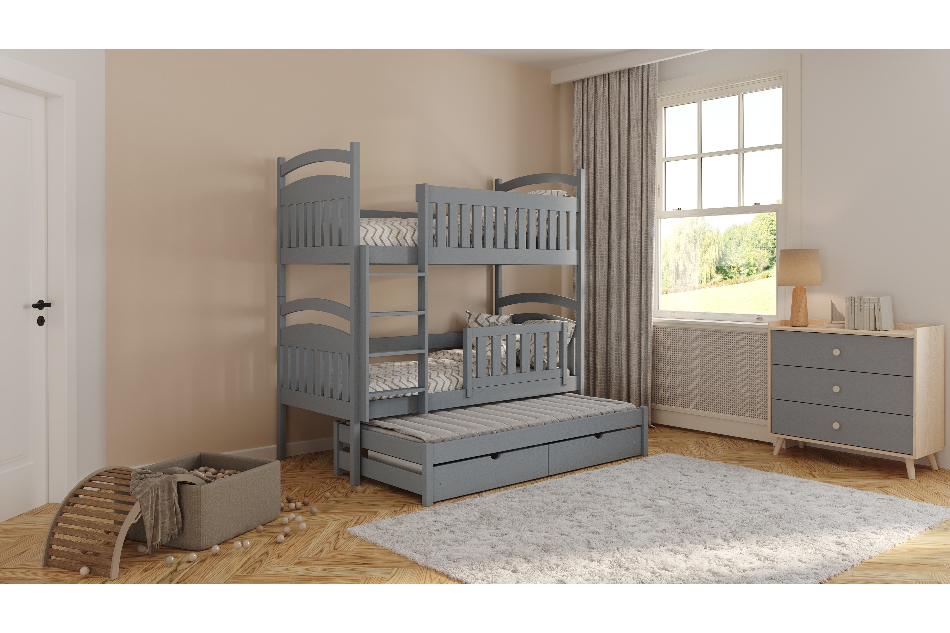 Dětská patrová výsuvná postel Amely 80x180 cm pro 3 osoby - šedá Postel Amely 80x180 patrová  wysuwaney - šedá