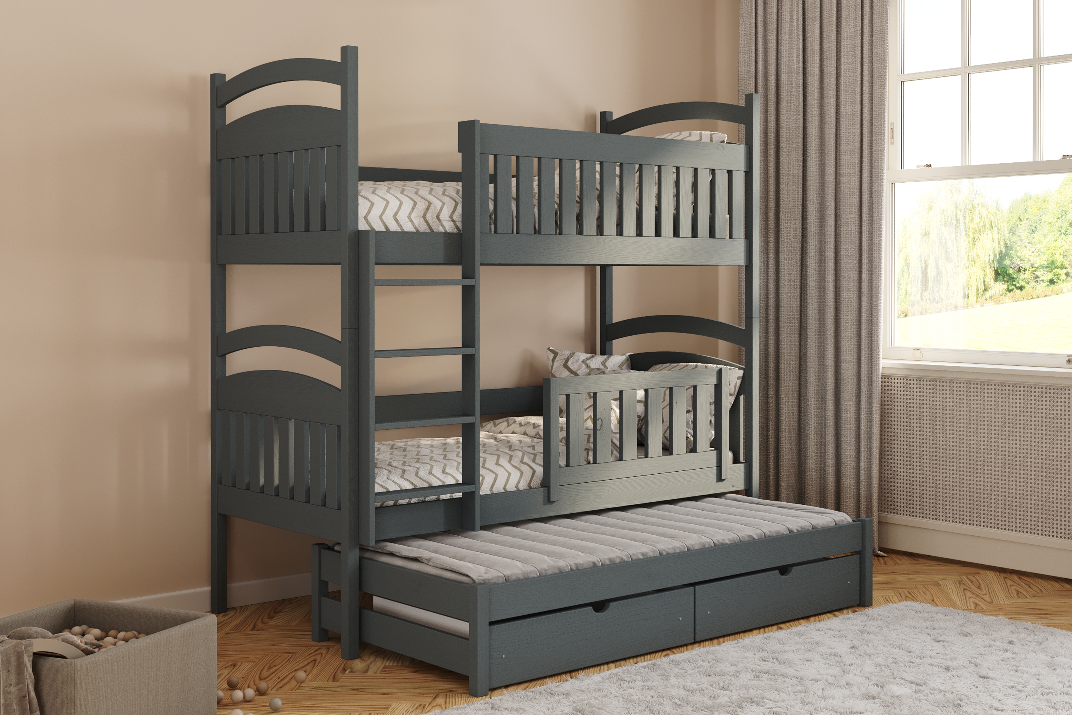 Poschodová posteľ Amely s prístelkou a tabuľou stierateľnou za sucha - 80x190 cm - grafitová Posteľ Amely 80x190 poschodová výsuvna - grafit