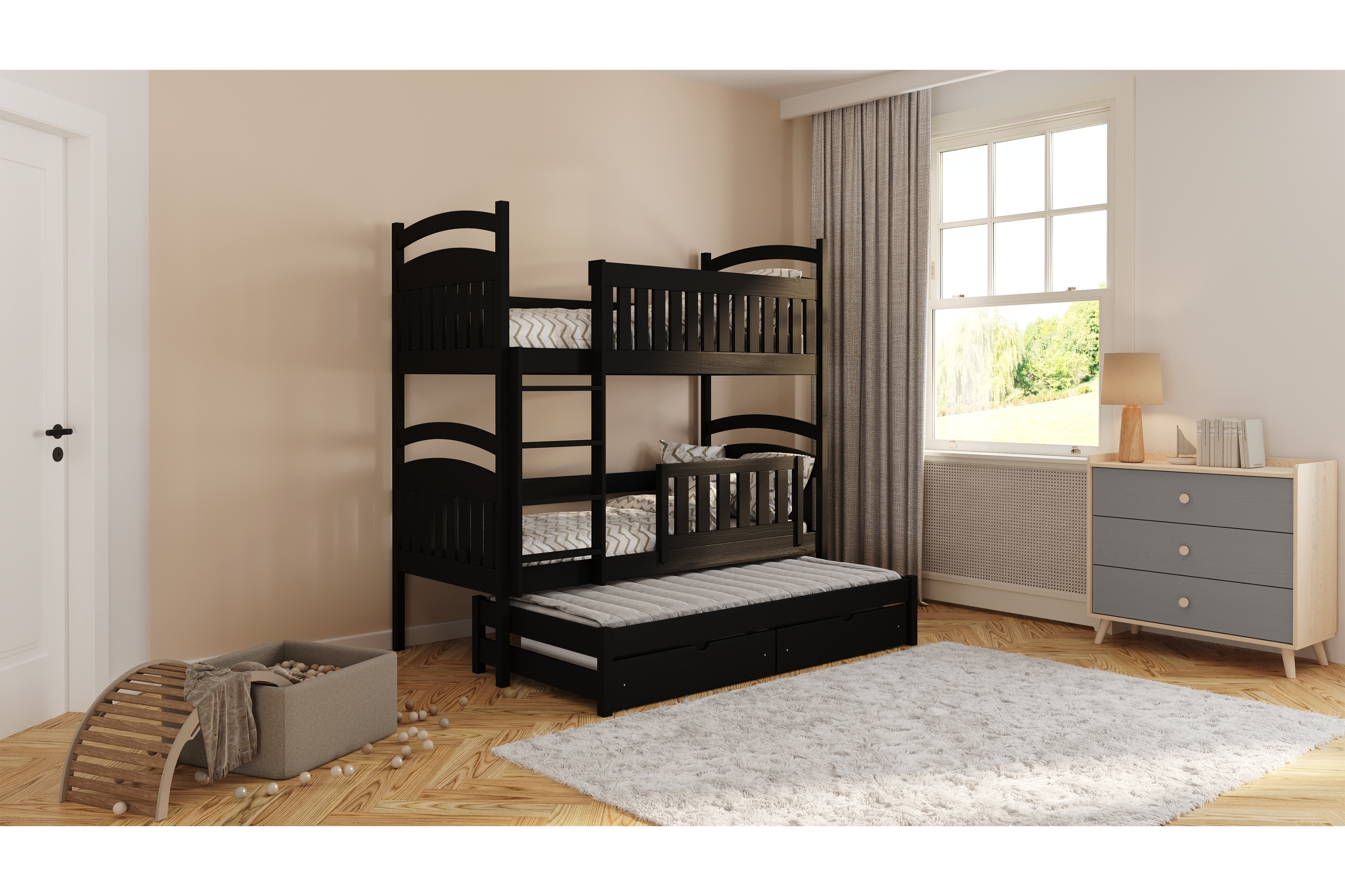 Poschodová posteľ Amely s prístelkou a tabuľou stierateľnou za sucha - 90x180 cm - čierna Posteľ Amely 90x180 poschodová výsuvna - Čierny