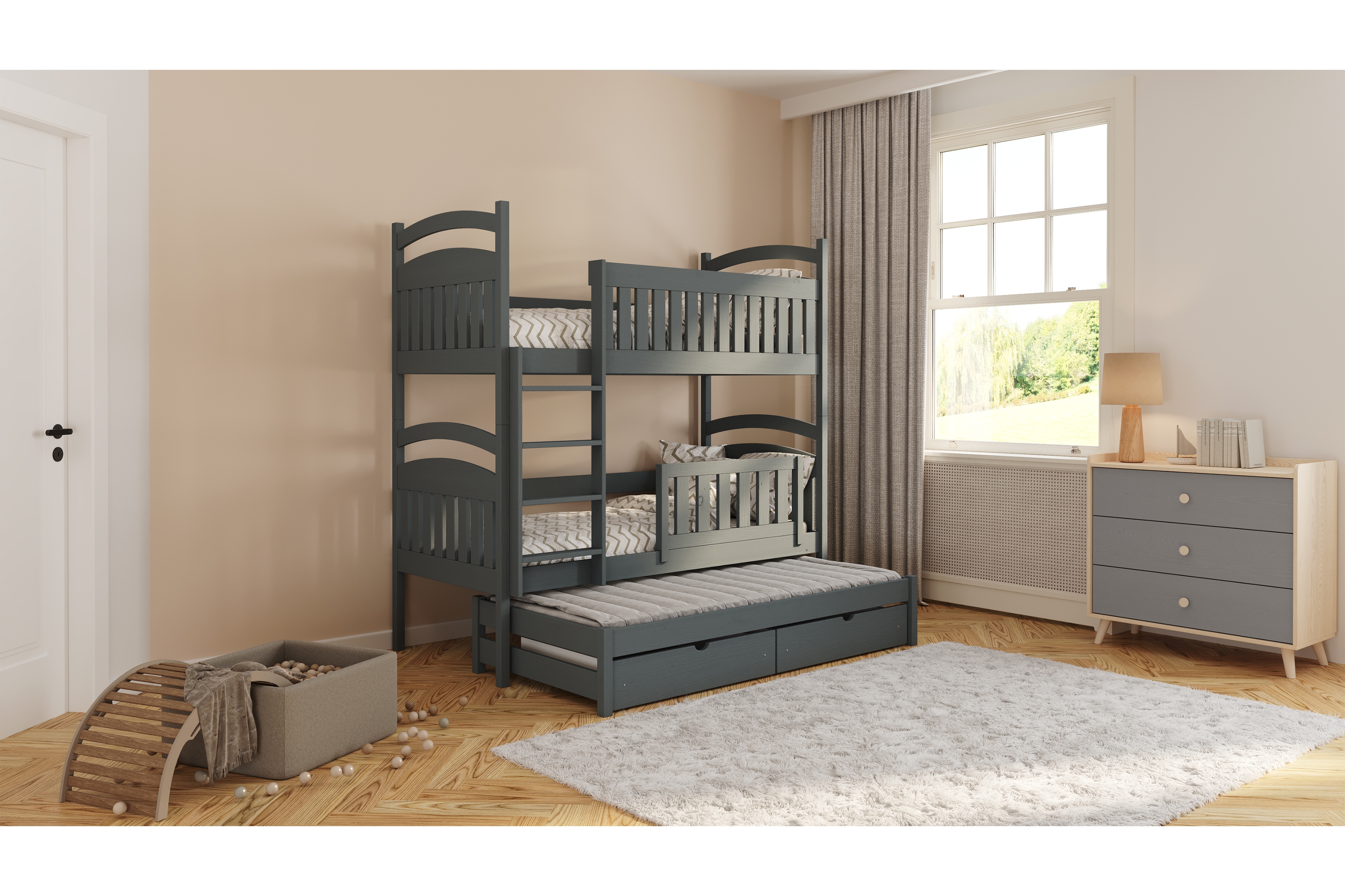 Dětská patrová výsuvná postel Amely 90x190 cm pro 3 děti - grafitová Postel Amely 90x190 patrová  výsuvná - grafit