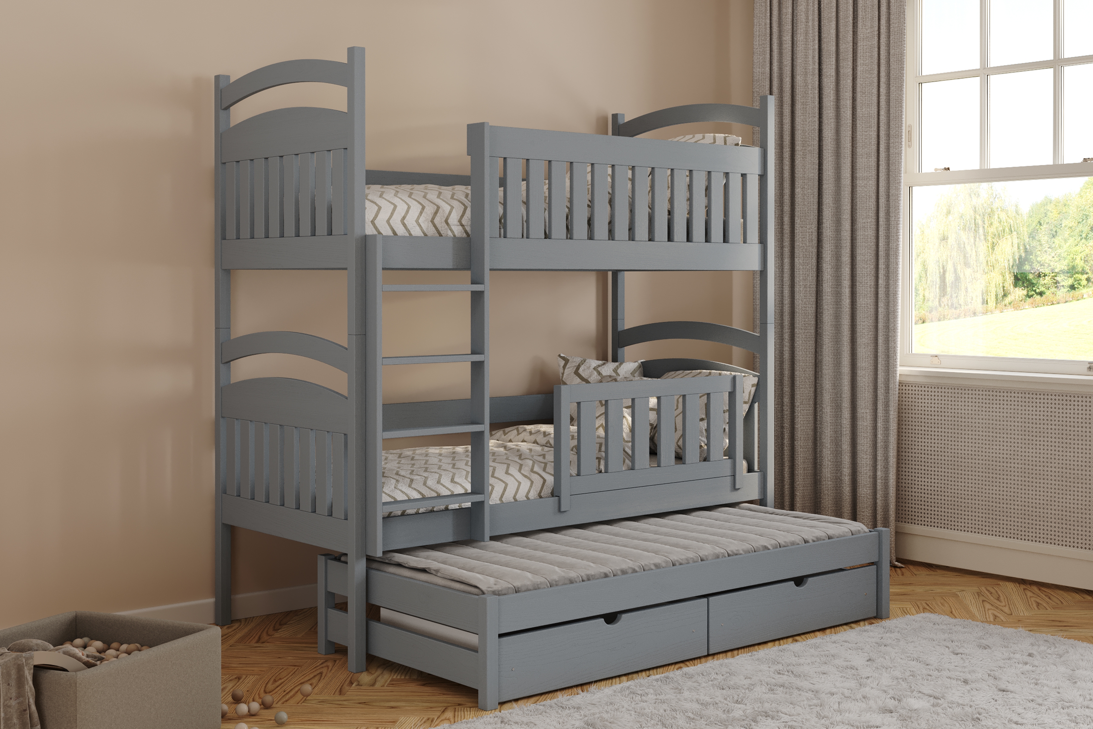 Poschodová posteľ Amely s prístelkou - 90x200 cm - šedá Posteľ Amely 90x200 poschodová výsuvna - šedý 