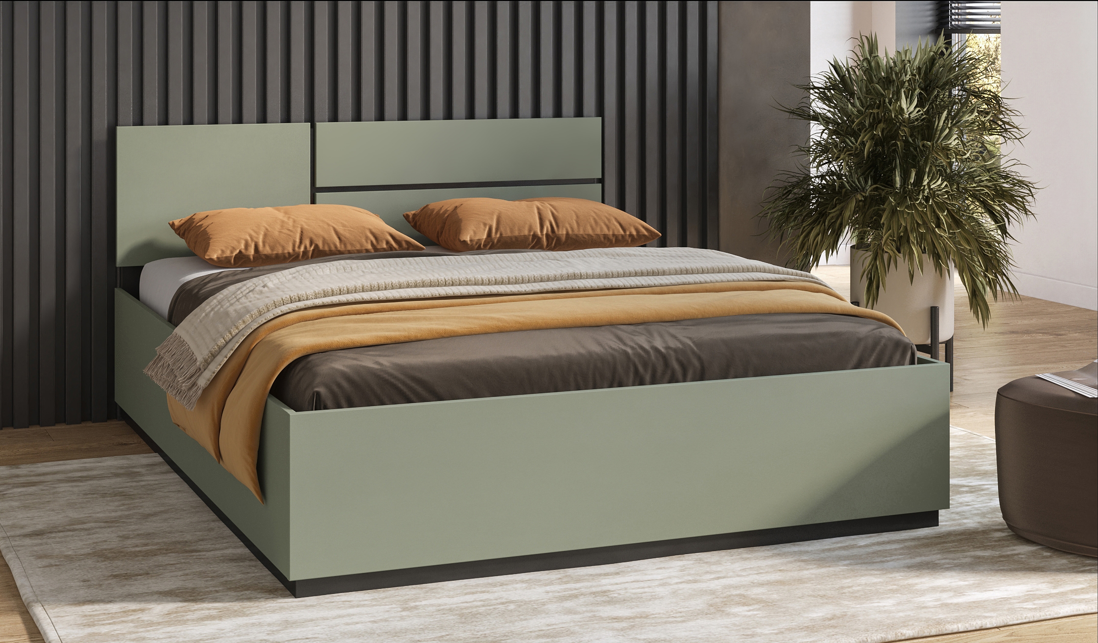 Postel Cross 160x200 cm – tlumená zelená / černá Postel Cross 160x200 - zgaszona zelená / zgaszona zelená - černá