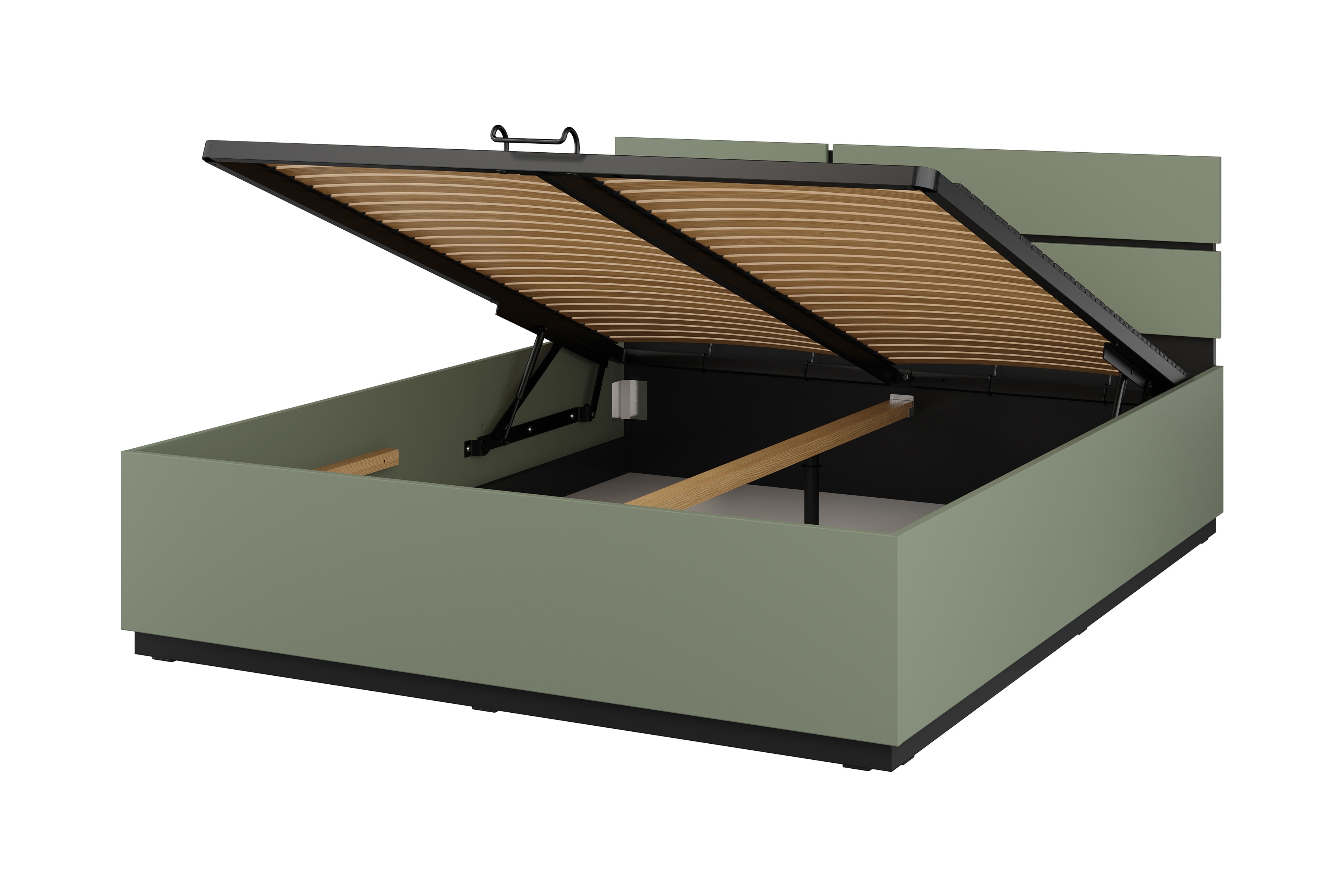 Postel s úložným prostorem Cross 160x200 cm – tlumená zelená / černá Postel Cross 160x200 s úložným prostorem- zgaszona zelená / zgaszona zelená - černá