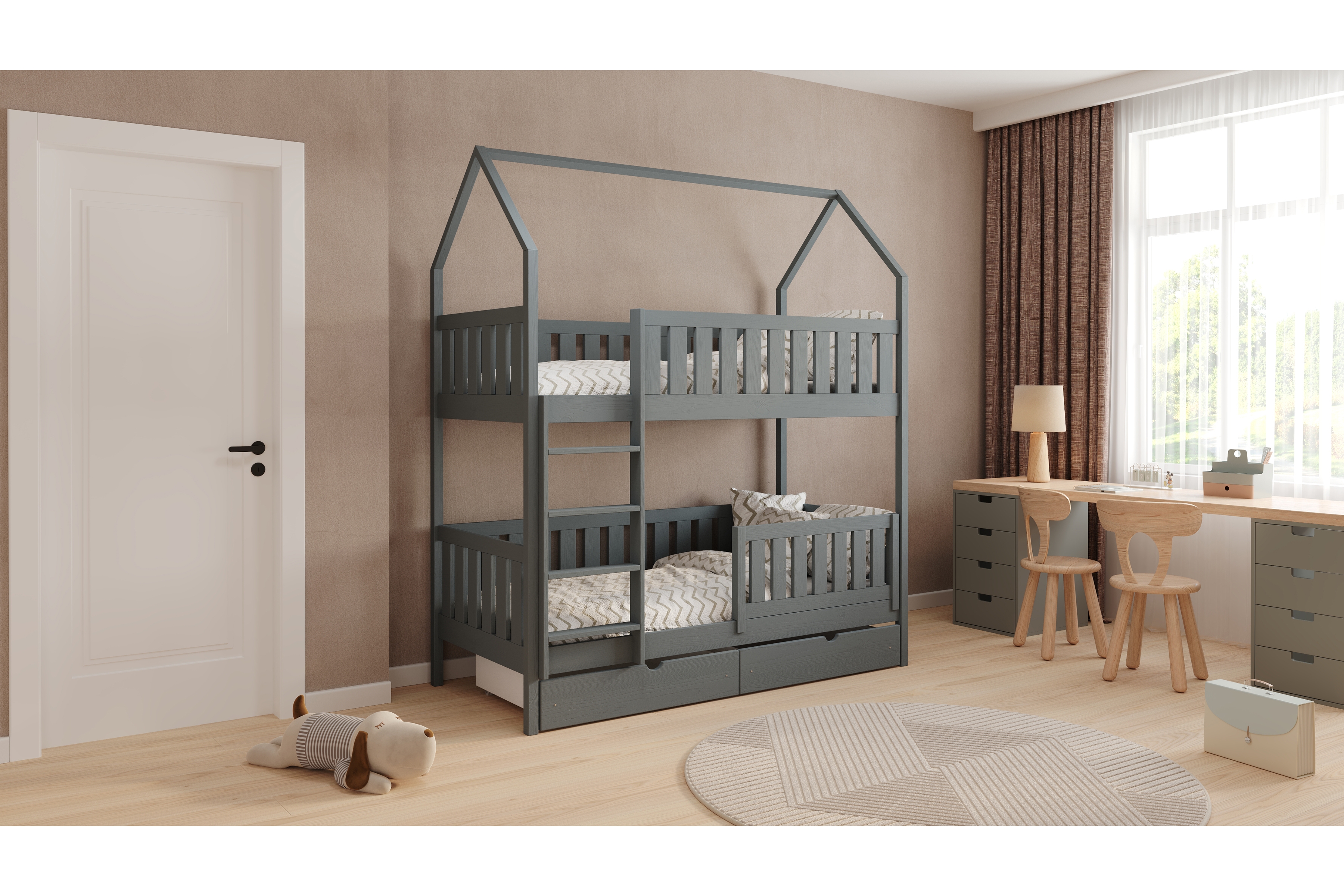 Poschodová domčeková posteľ Nemos - 70x140 cm - grafitová Posteľ domek Nemos 70x140 poschodová - grafit