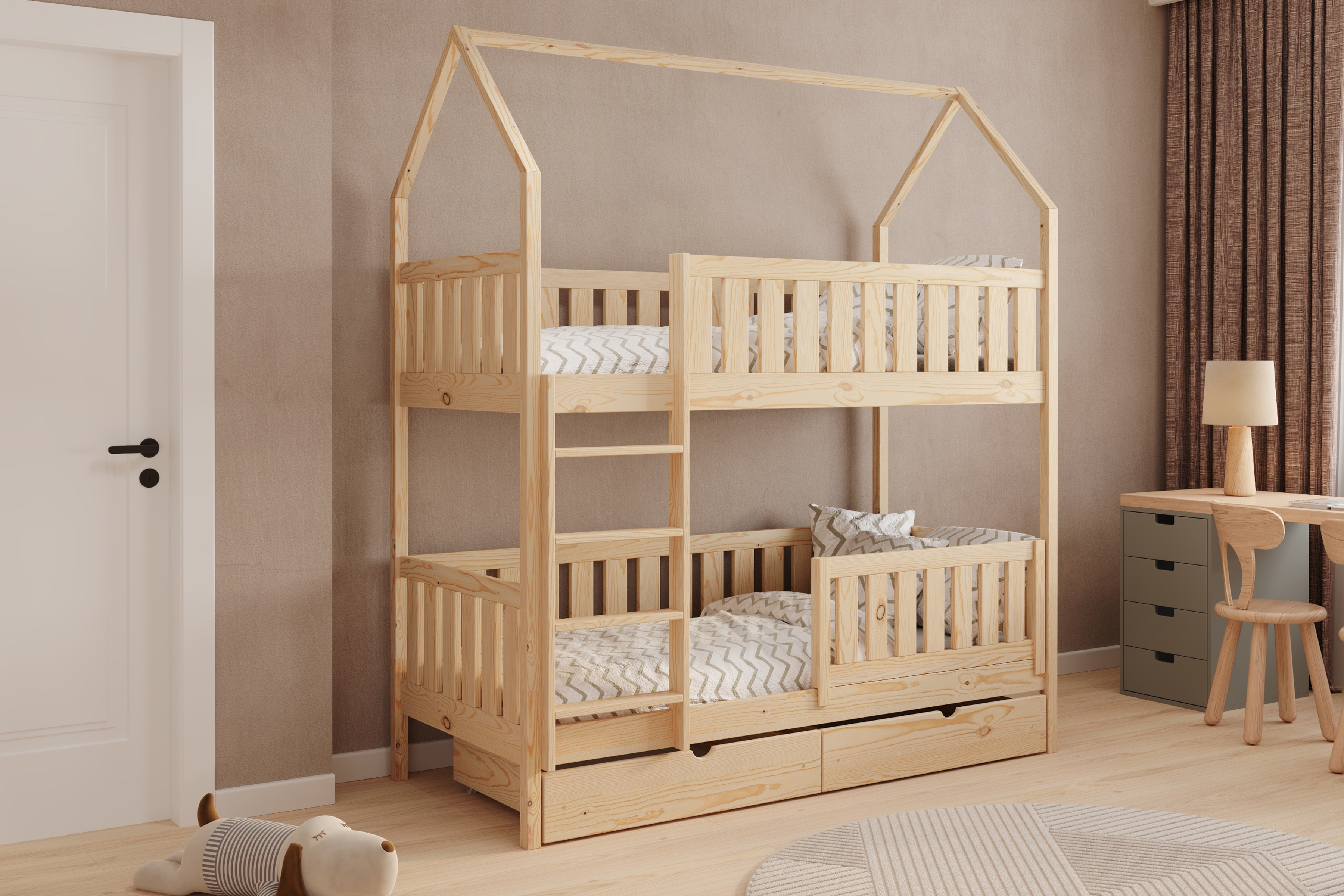 Domčeková posteľ poschodová Nemos - borovica, 70x140 Posteľ domek Nemos 70x140 poschodová - Borovica