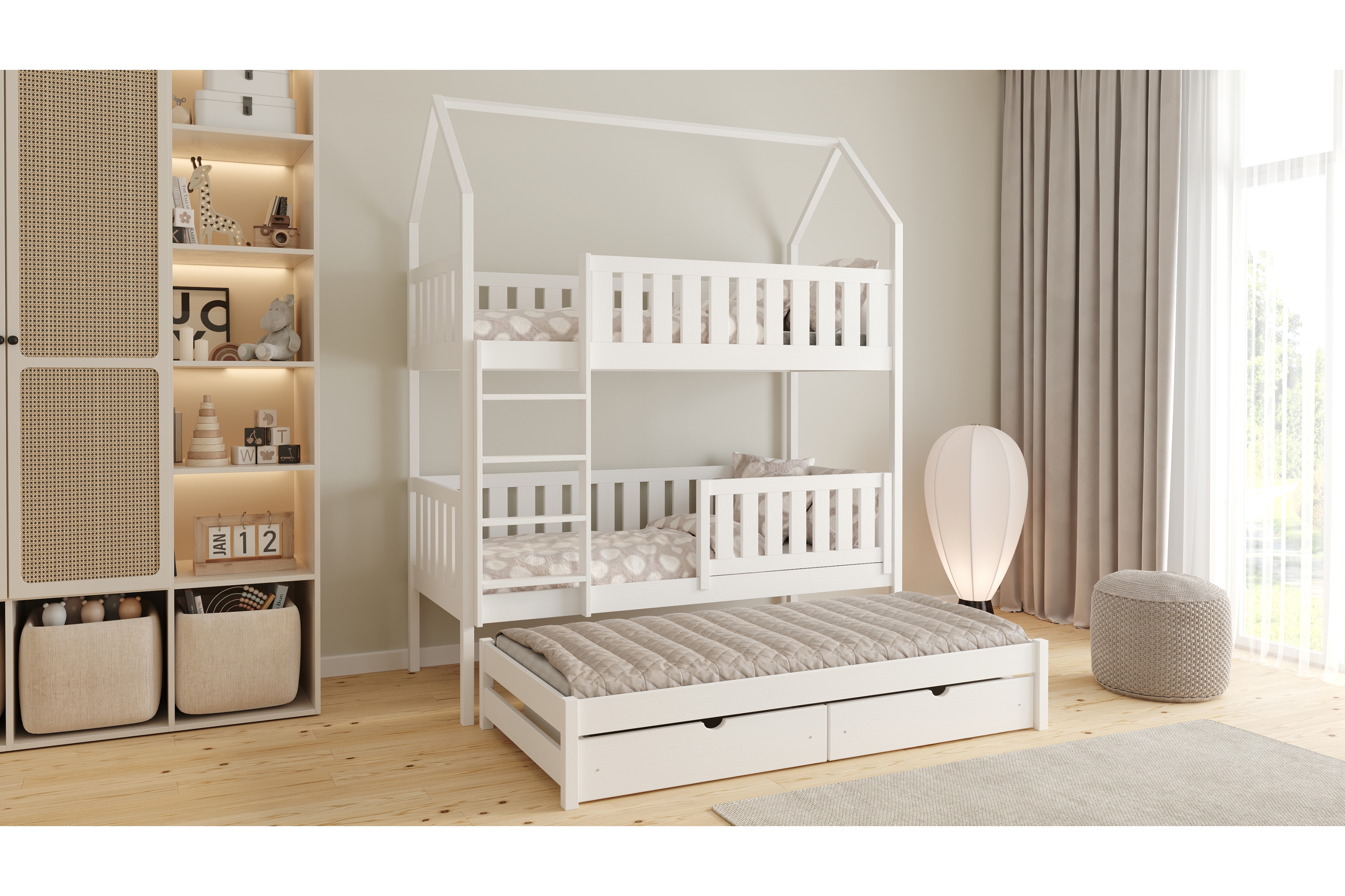 Patrová výsuvná postel domeček Nemos 80x160 cm pro 3 osoby - bílá Postel domeček Nemos 80x160 patrová  výsuvná - bílá