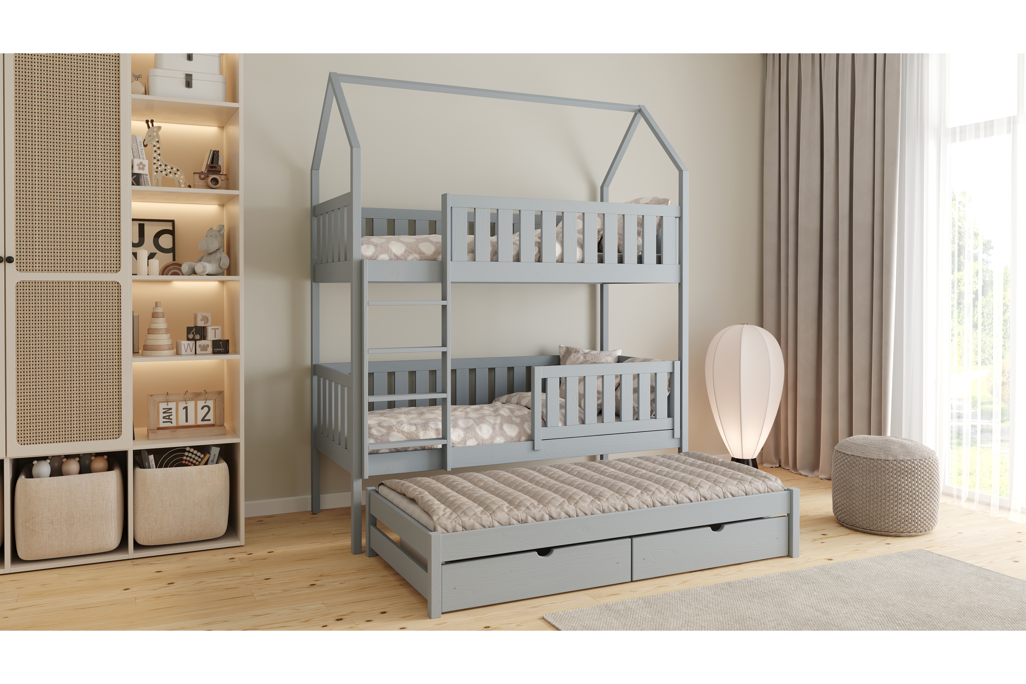 Patrová výsuvná postel domeček Nemos 80x160 cm - šedá Postel domeček Nemos 80x160 patrová  výsuvná - šedá