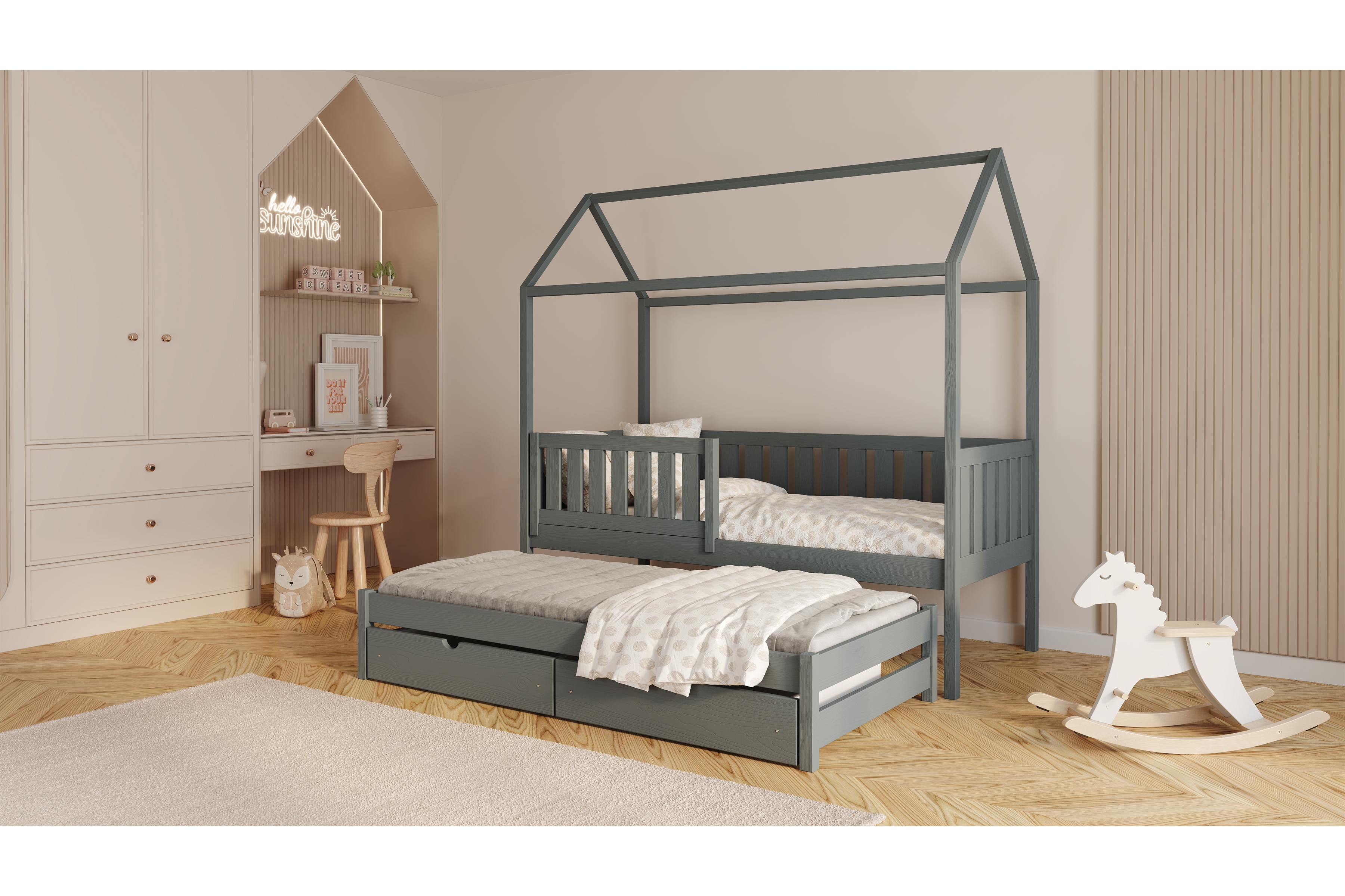 Domčeková posteľ s prístelkou Nemos - grafit, 80x180 Posteľ domek Nemos 80x180 prízemná výsuvna - grafit 
