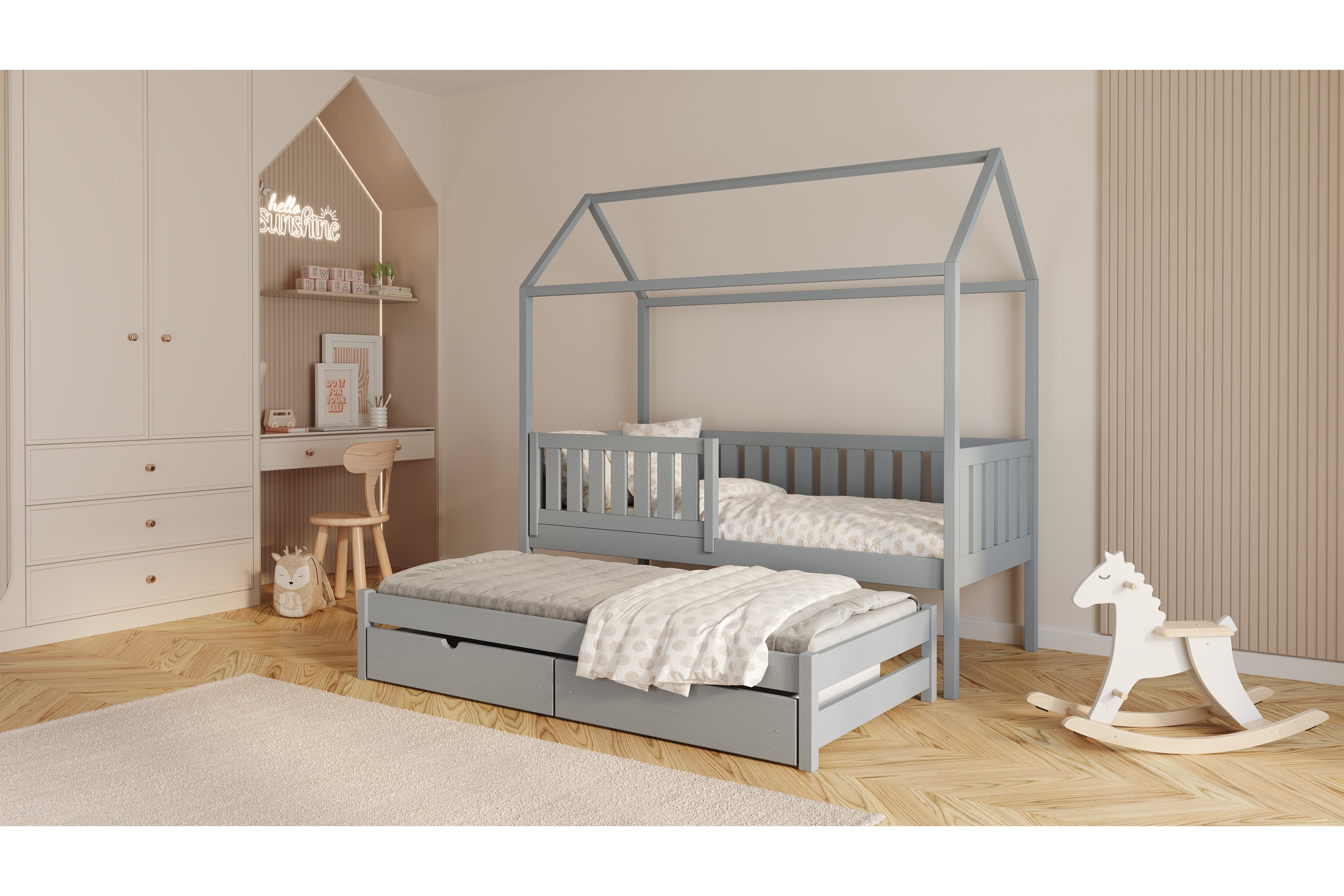 Domčeková posteľ s prístelkou Nemos - šedý, 80x180 Posteľ domek Nemos 80x180 prízemná výsuvna - šedý