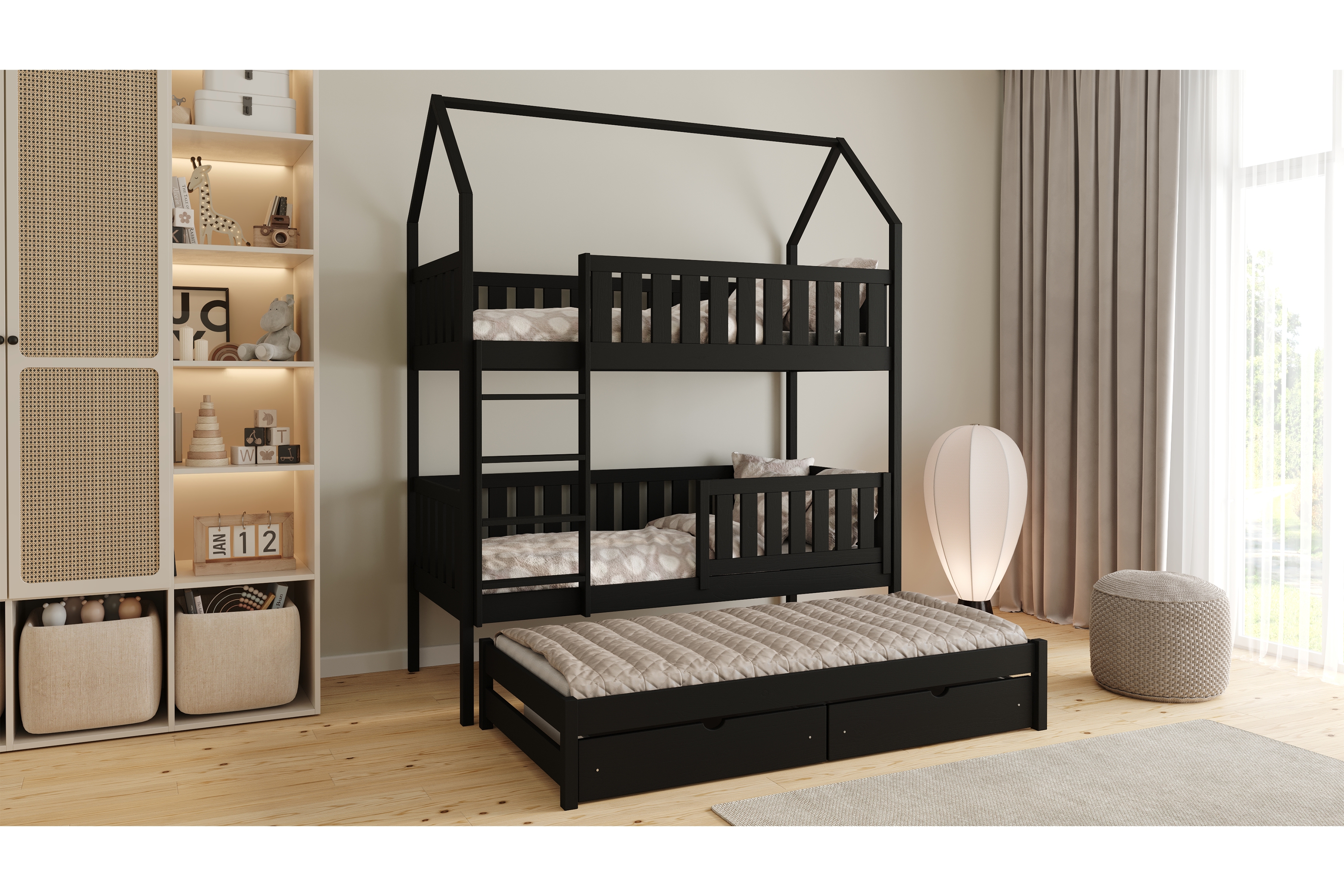 Poschodová domčeková posteľ Nemos s prístelkou - 80x180 cm - čierna Posteľ domek Nemos 80x180 poschodová výsuvna - Čierny