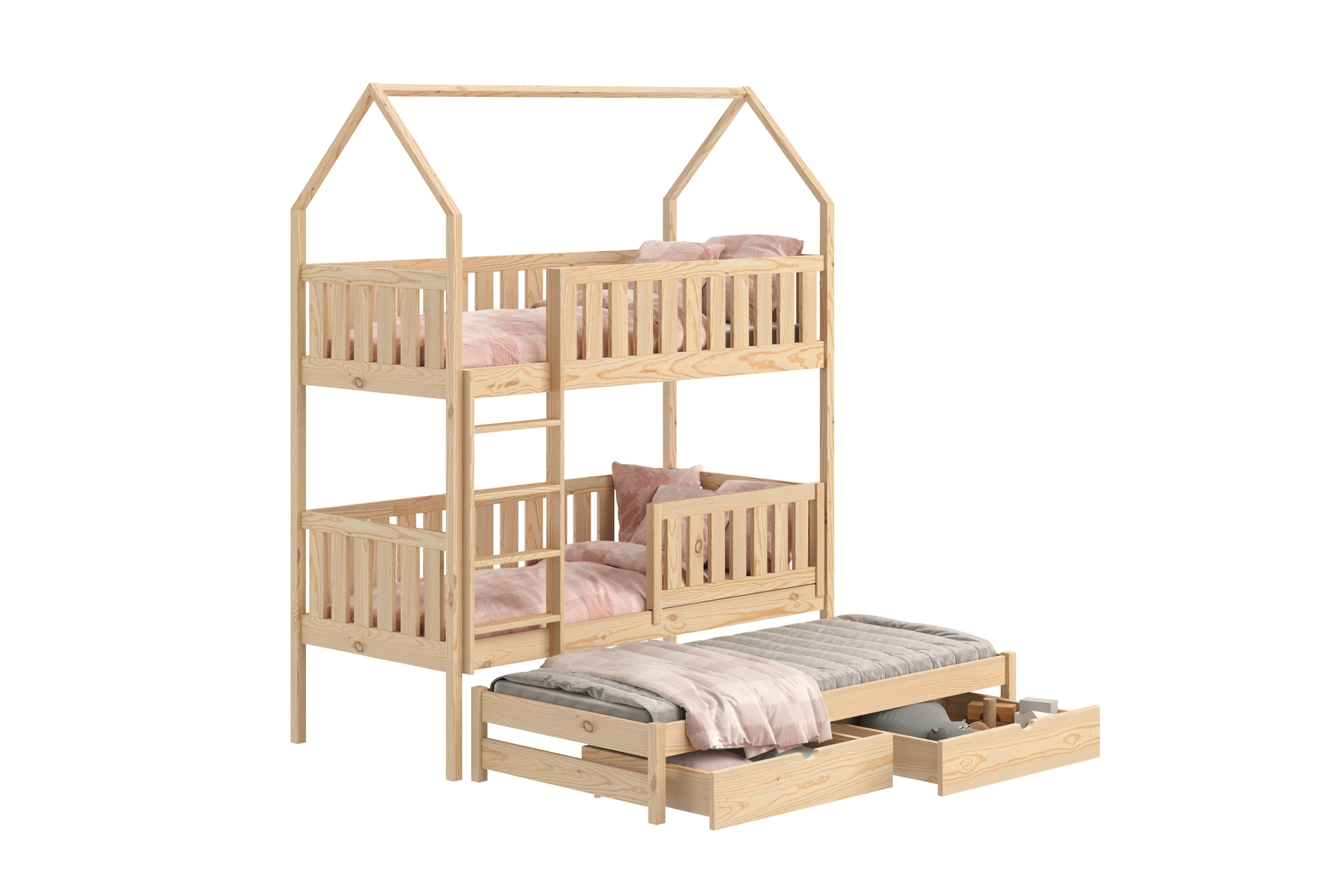 Poschodová domčeková posteľ Nemos s prístelkou - 80x180 cm - borovica Posteľ domek Nemos 80x180 poschodová výsuvna - Borovica