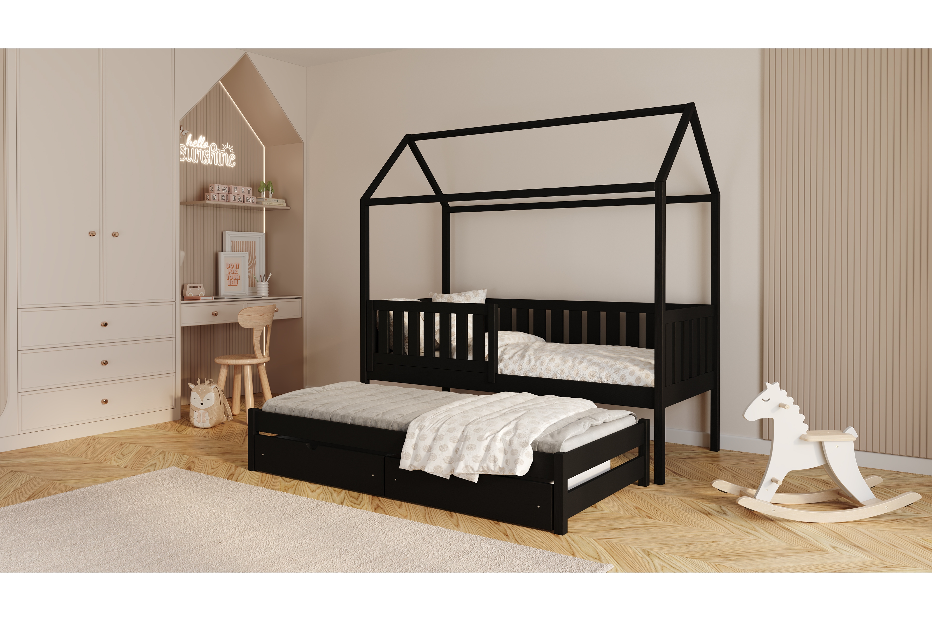 Přízemní výsuvná postel domeček Nemos 80x190 cm - černá Postel domeček Nemos 80x190 přízemní výsuvná - černá