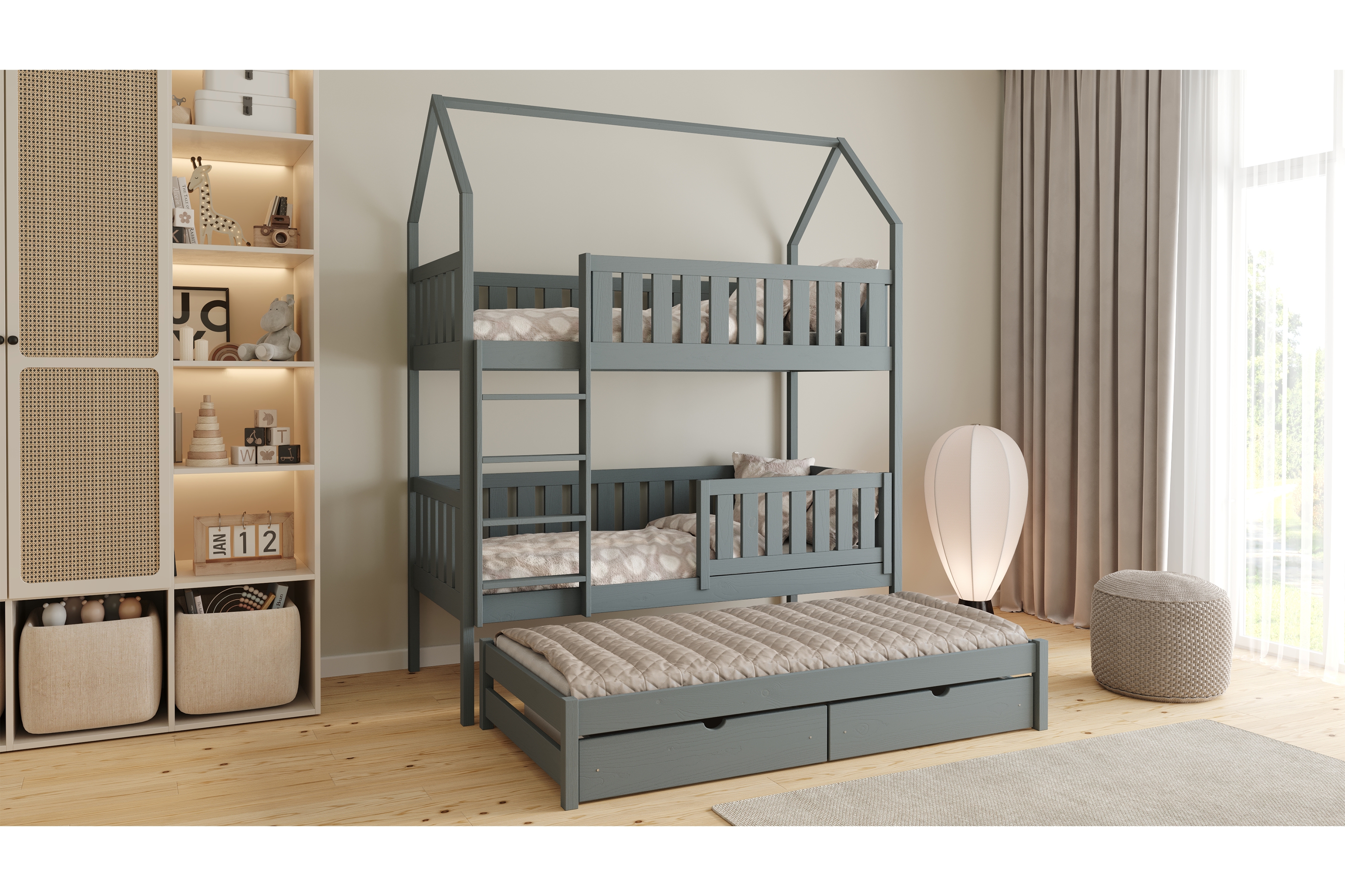 Patrová výsuvná postel domeček Nemos 80x190 cm - grafitová Postel domeček Nemos 80x190 patrová  výsuvná - grafit