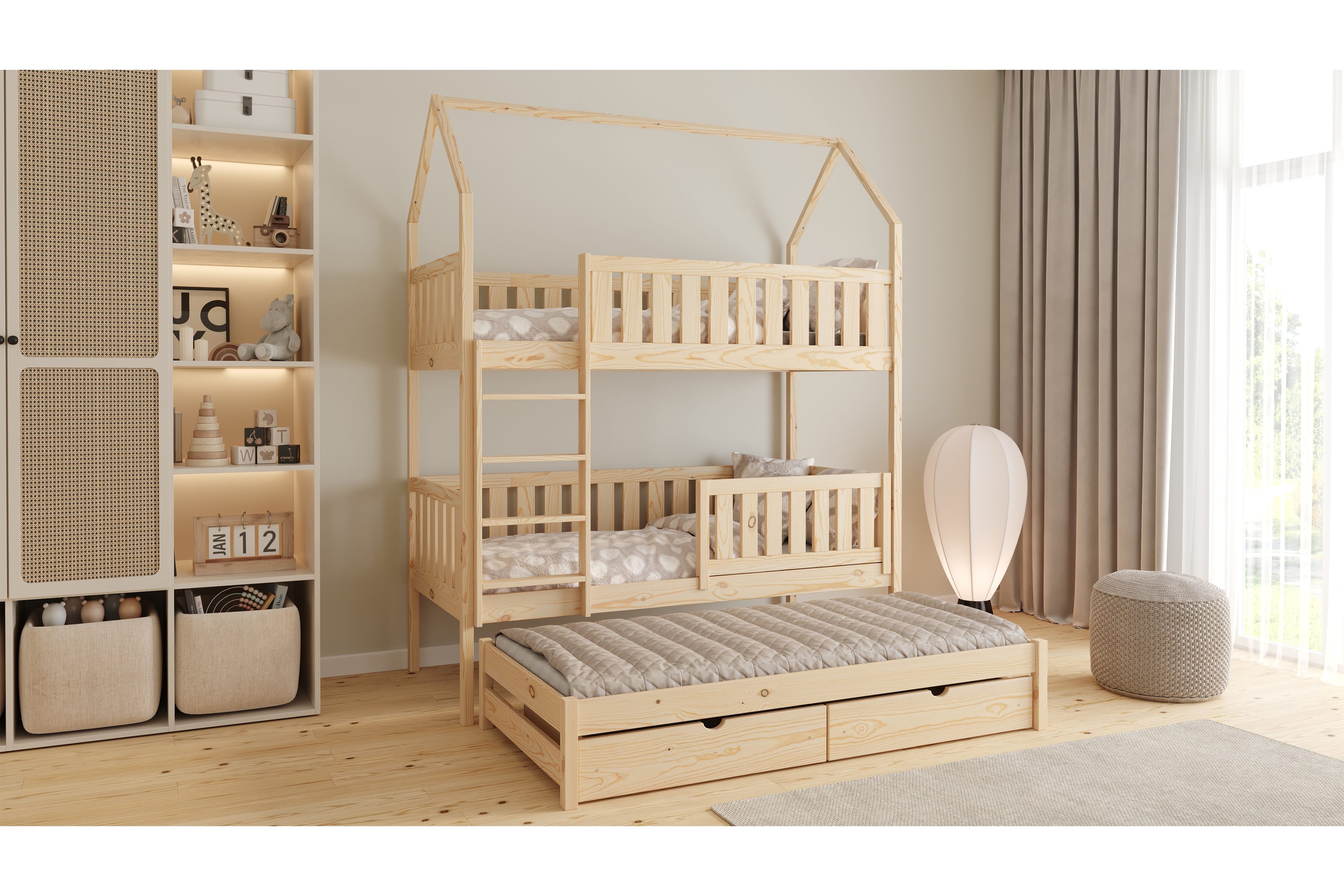Poschodová domčeková posteľ Nemos s prístelkou - 80x190 cm - borovica Posteľ domek Nemos 80x190 poschodová výsuvna - Borovica