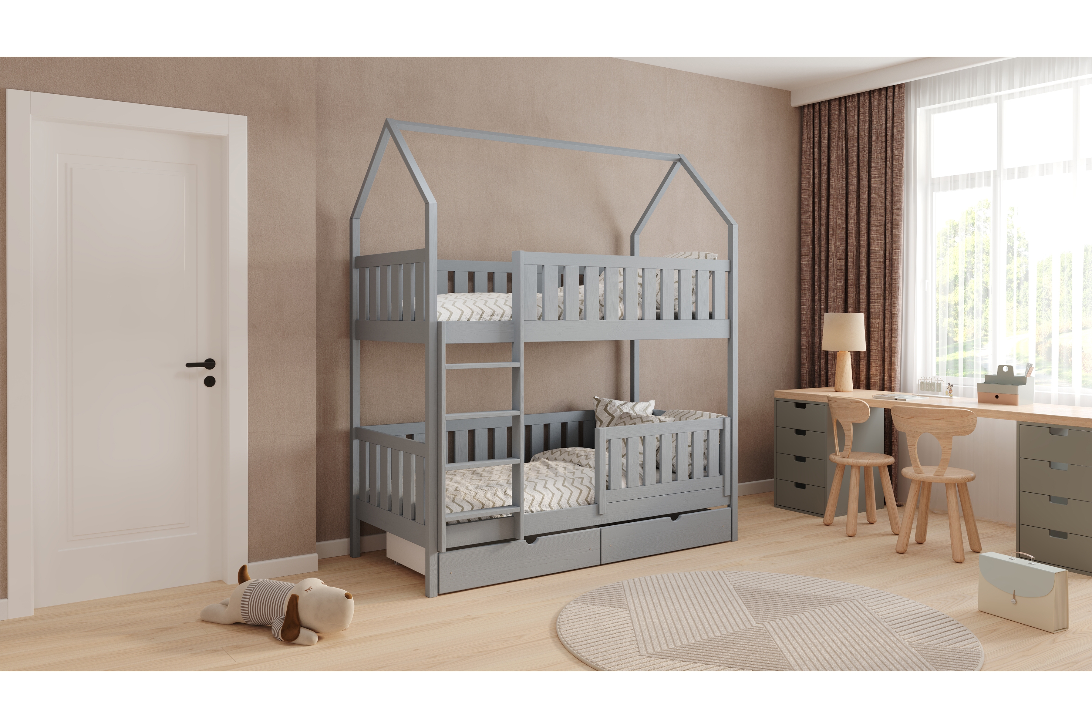 Poschodová domčeková posteľ Nemos - 90x180 cm - šedá Posteľ domek Nemos 90x180 poschodová - šedý