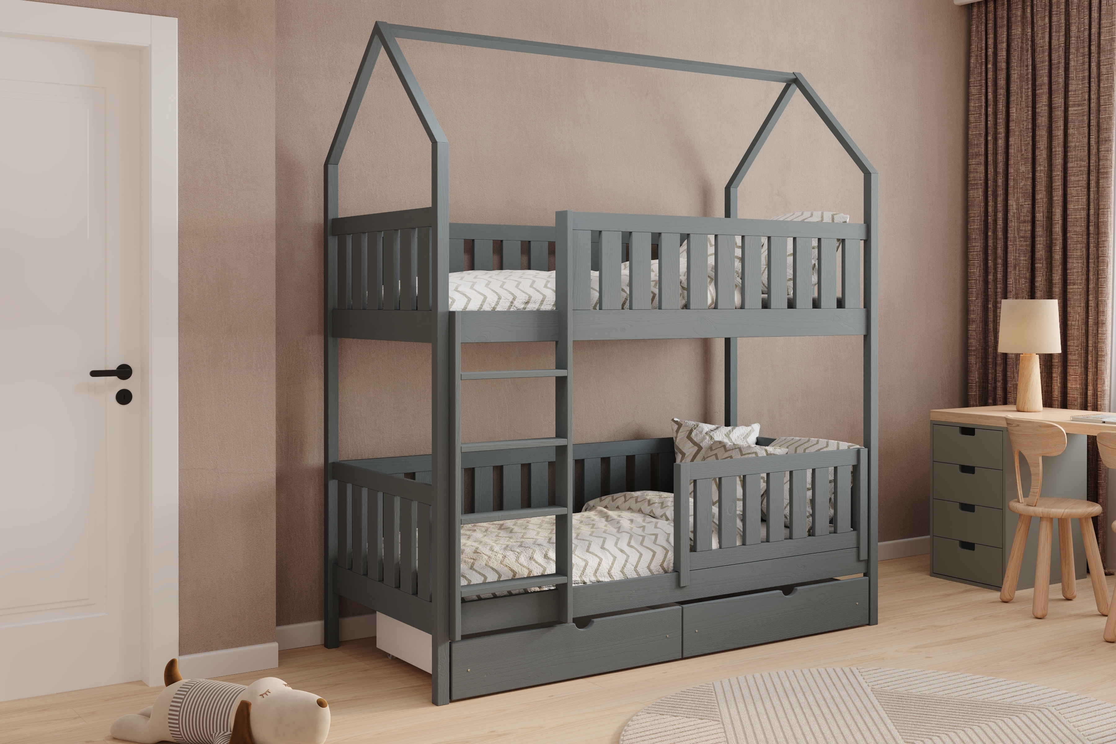 Poschodová domčeková posteľ Nemos - 90x190 cm - grafitová Posteľ domek Nemos 90x190 poschodová - grafit