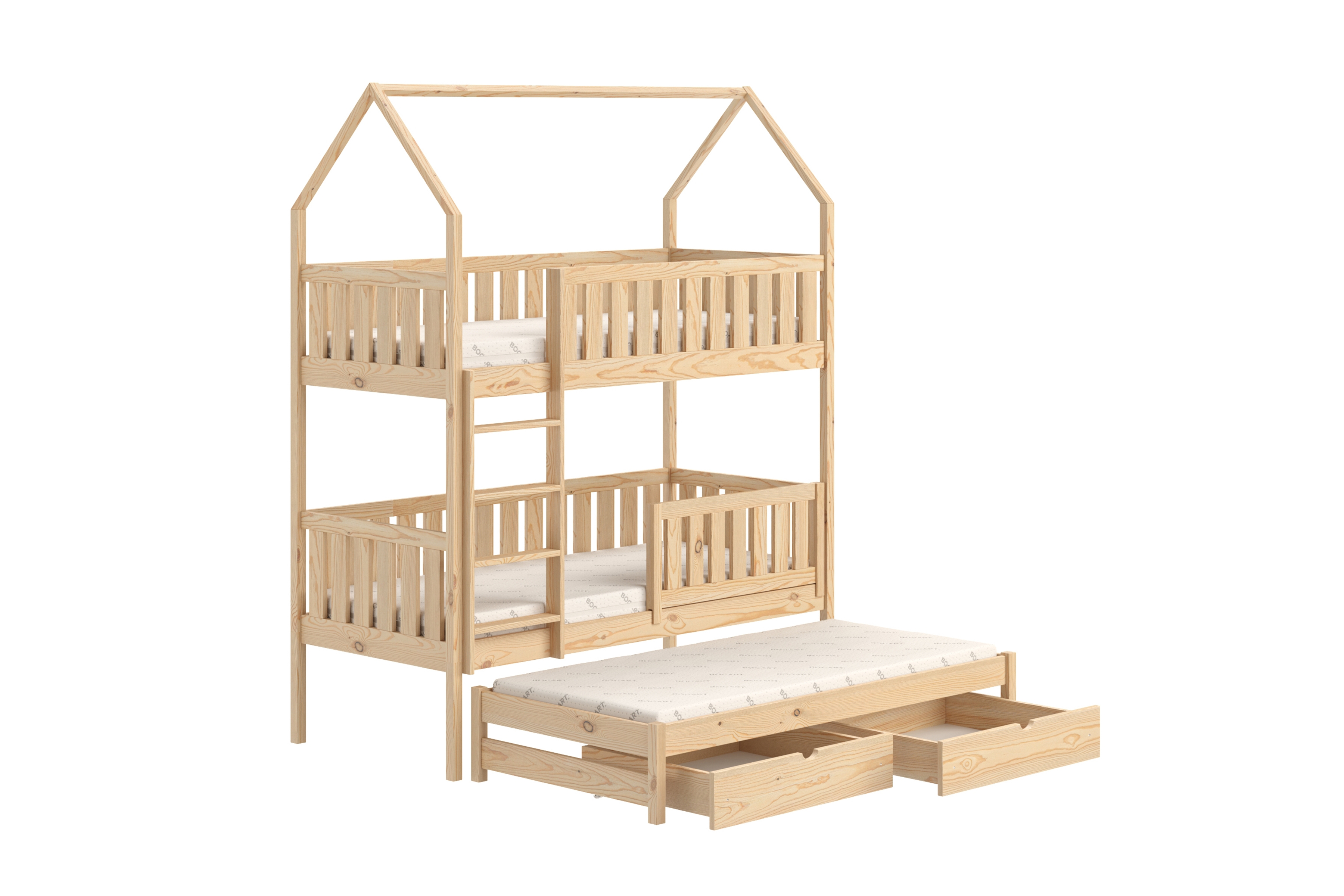 Poschodová domčeková posteľ Nemos s prístelkou - 90x190 cm - borovica Posteľ domek Nemos 90x190 poschodová výsuvna - Borovica