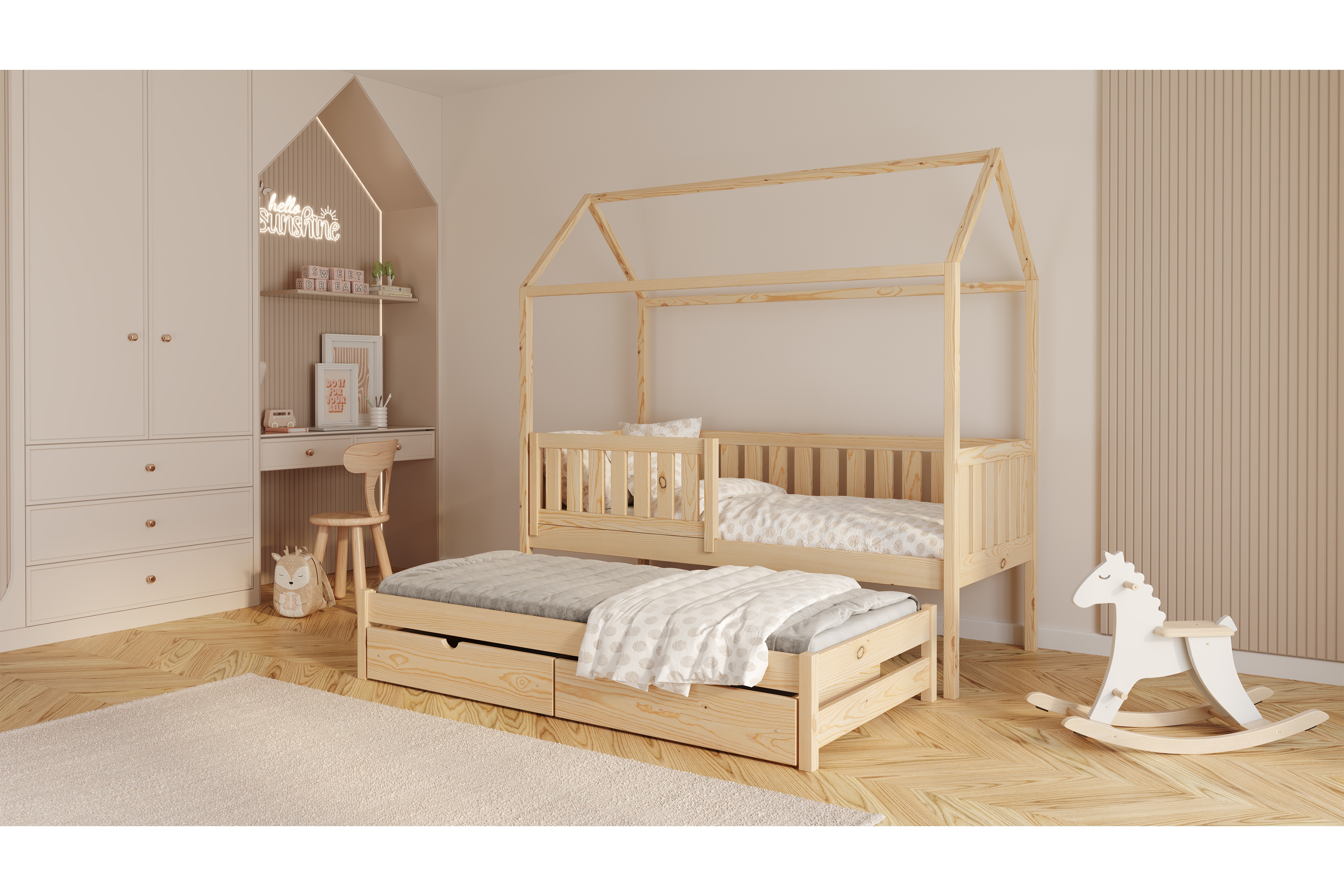 Domčeková posteľ s prístelkou Nemos - borovica, 90x200 Posteľ domek Nemos 90x200 prízemná výsuvna - Borovica 