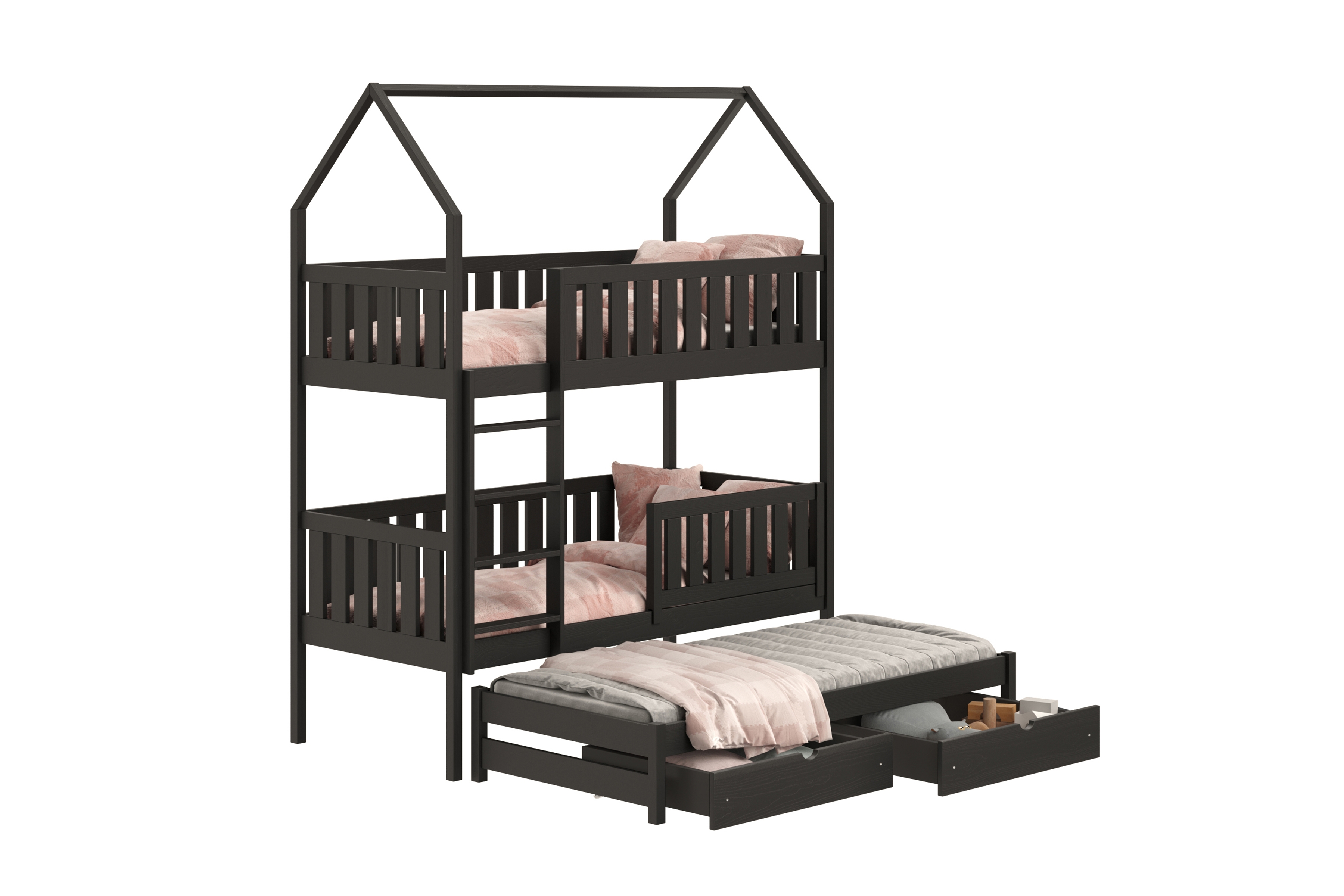 Patrová výsuvná postel domeček Nemos 90x200 cm - černá Postel domeček Nemos 90x200 patrová  výsuvná - černá