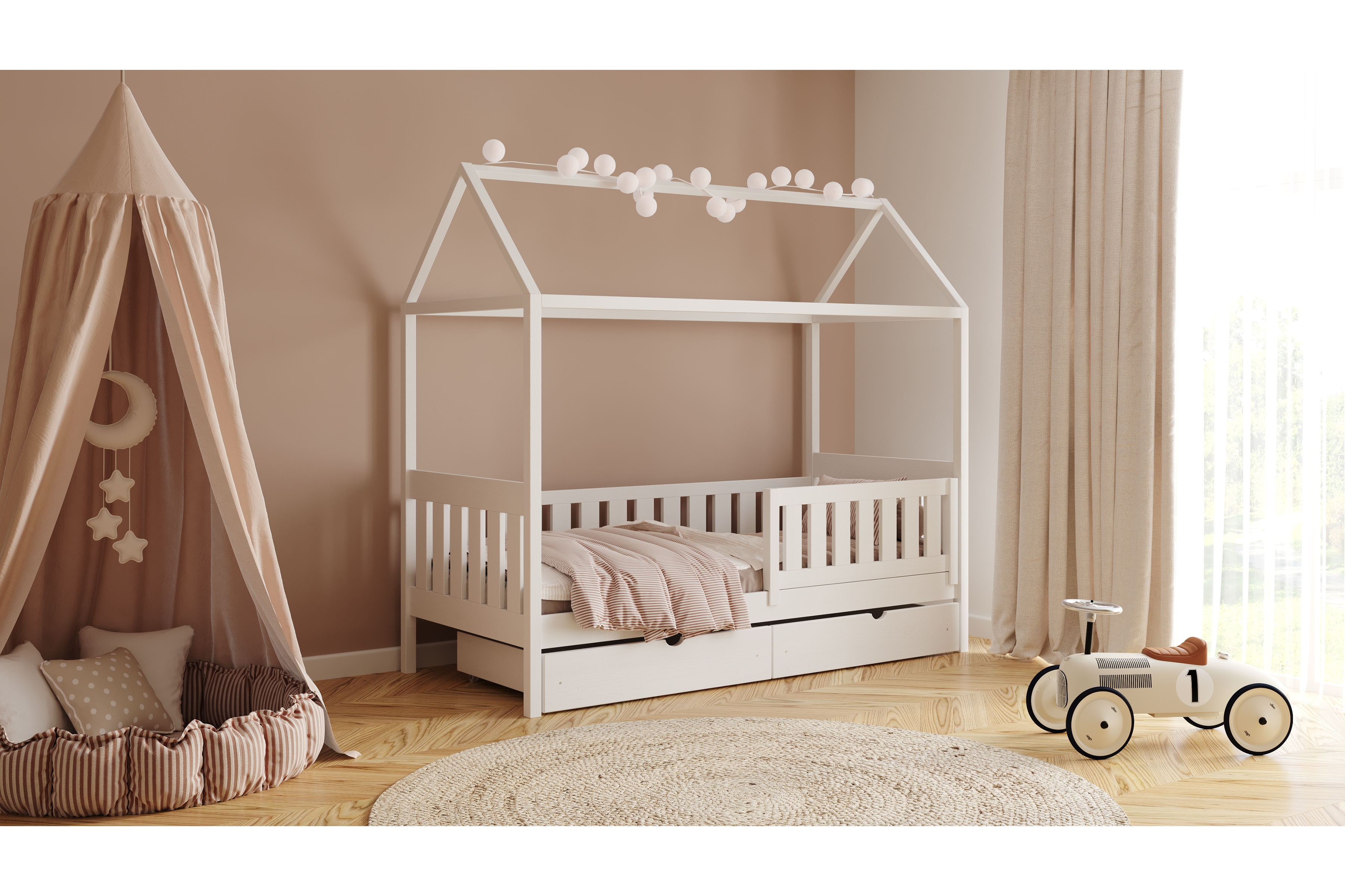 Detská domčeková posteľ Nemos II 80x160 so zásuvkami - biela Posteľ domek Nemos II 80x160 prízemná so zásuvkami - Biely 