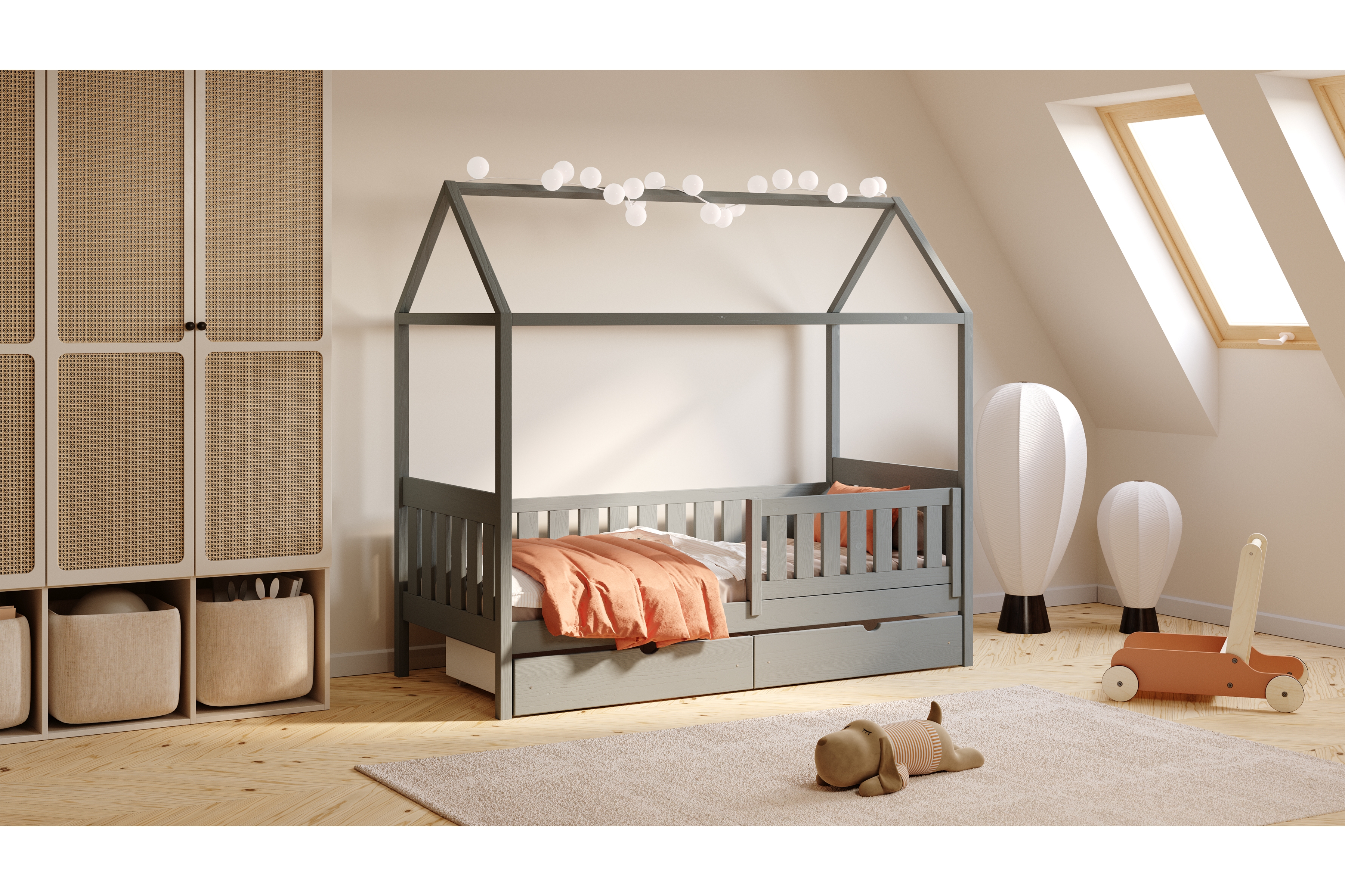 Detská domčeková posteľ Nemos II 80x160 so zásuvkami - grafitová Posteľ domek Nemos II 80x160 prízemná so zásuvkami - grafit 