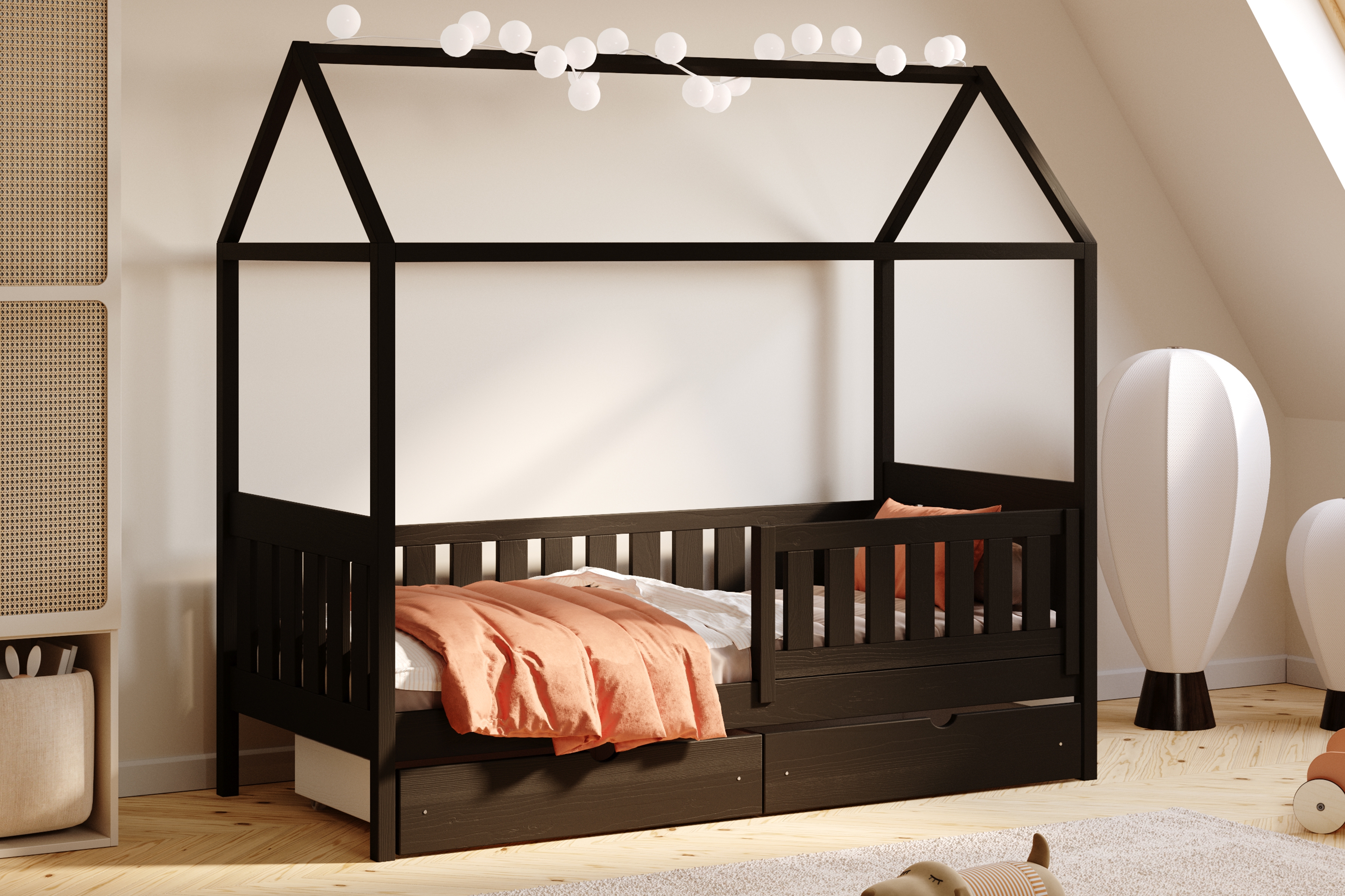 Detská domčeková posteľ Nemos II 80x180 so zásuvkami - čierna Posteľ domek Nemos II 80x180 prízemná so zásuvkami - Čierny 