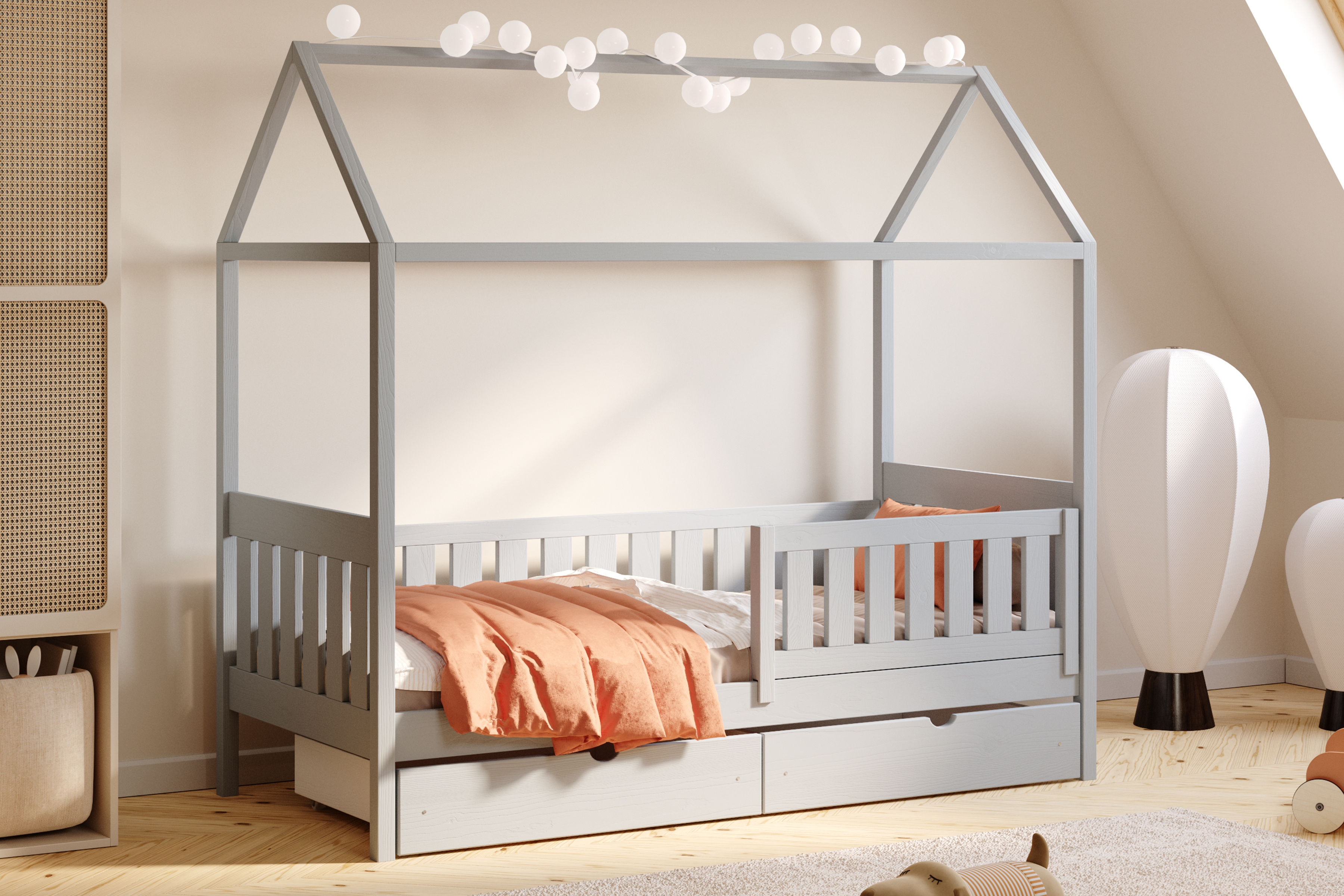 Detská domčeková posteľ Nemos II 80x190 so zásuvkami - sivá Posteľ domek Nemos II 80x190 prízemná so zásuvkami - šedý 