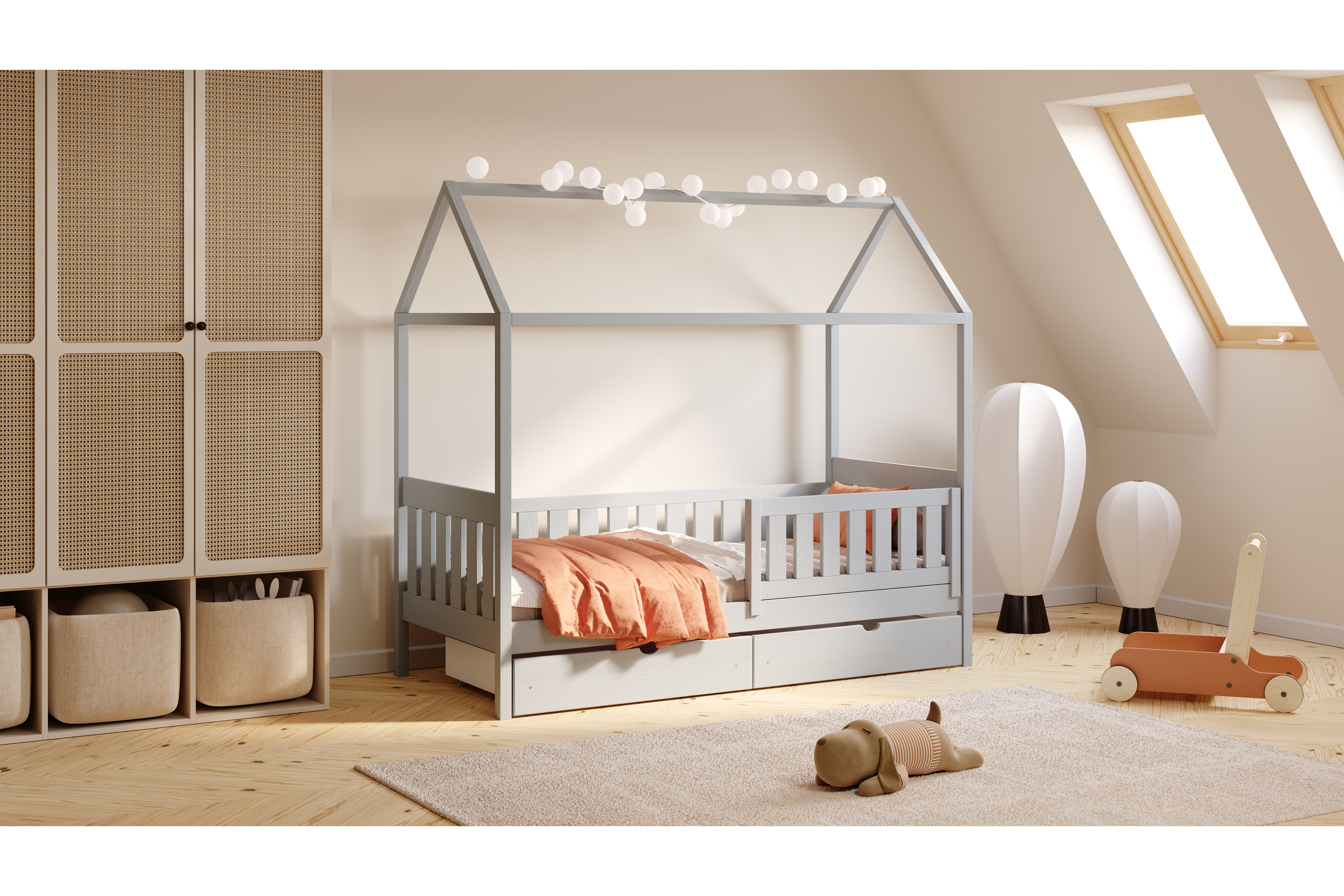 Detská domčeková posteľ Nemos II 80x200 so zásuvkami - sivá Posteľ domek Nemos II 80x200 prízemná so zásuvkami - šedý 