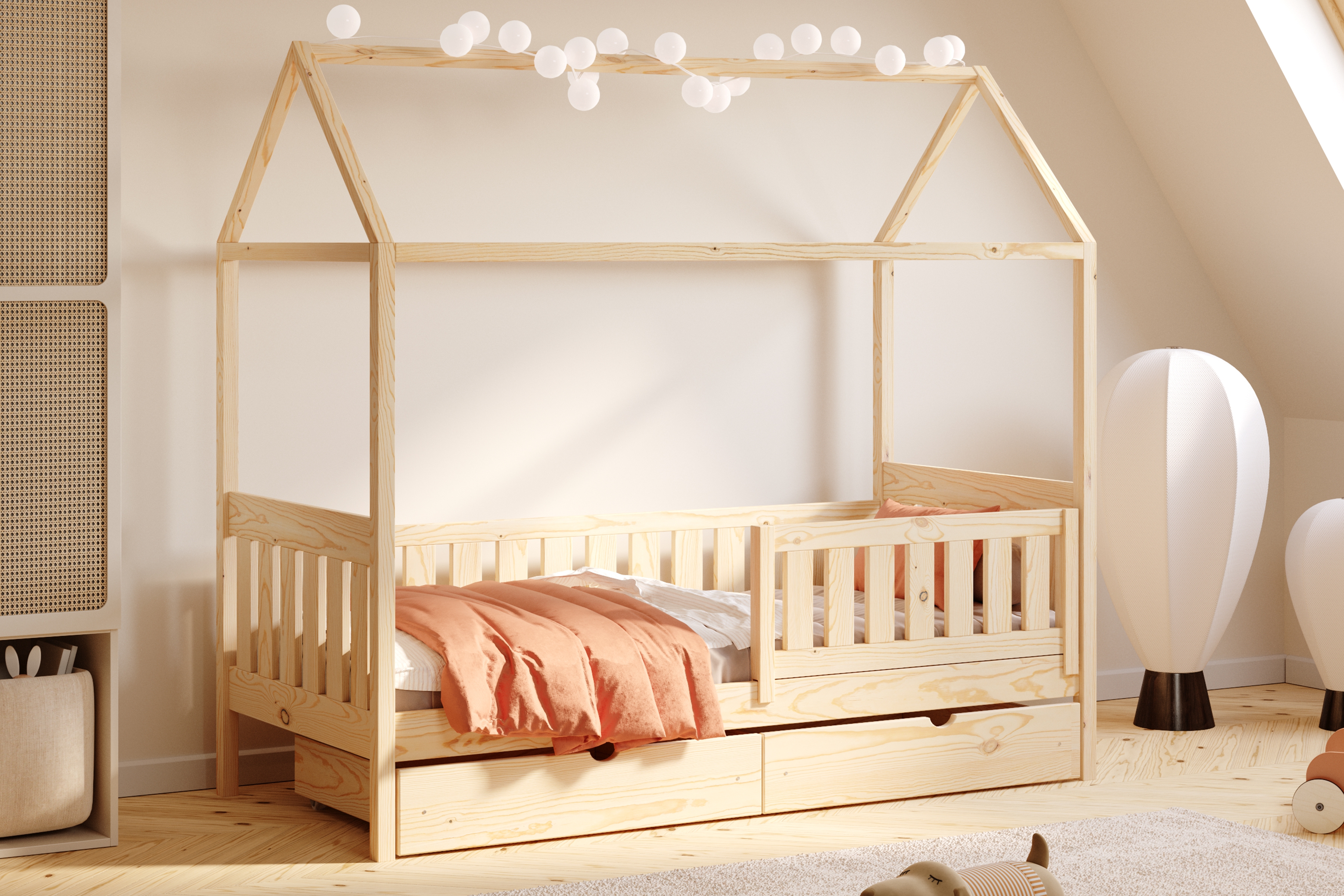 Detská domčeková posteľ Nemos II 90x180 so zásuvkami - borovica Posteľ domek Nemos II 90x180 prízemná so zásuvkami - Borovica 